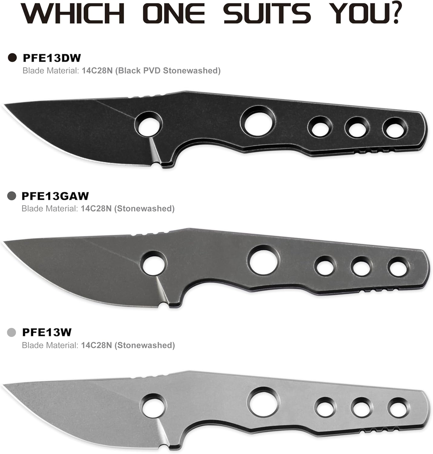 Petrified fish PFE13 Bison Fixed Blade Knife, 2.4" 14C28N Stonewashed Blade, 2.52oz 14C28N Handle Fixed Blade Knife for Camping EDC Outdoor (Black Stonewashed)