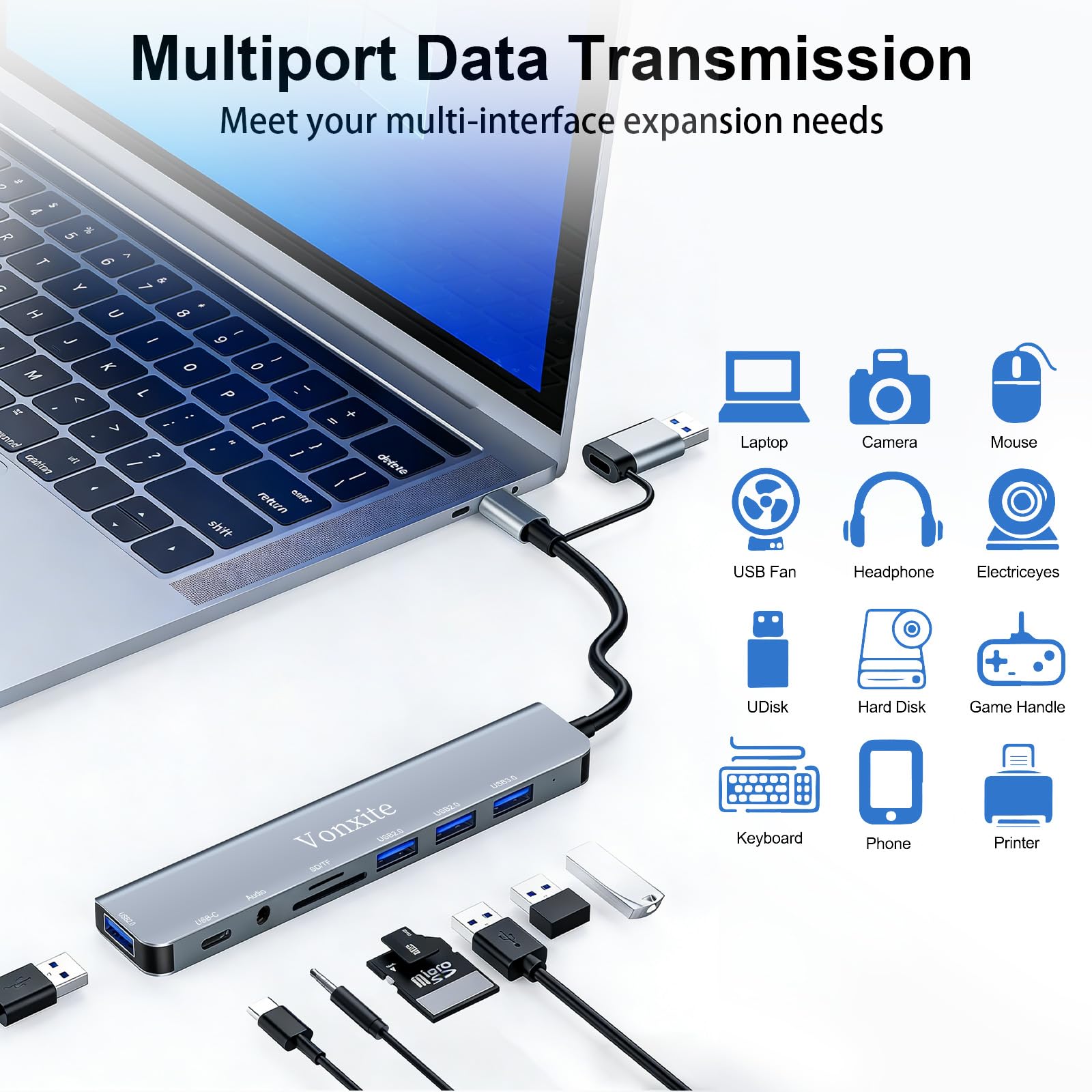 USB C Hub, 8 in 1 USB Hub 3.0 Multiport Adapter mit 1*USB 3.0 mit 5 Gbit/s, 3*USB 2.0, 1*USB-C, 3.5mm Audio, SD/TF Kartenleser, USB C Splitter Aluminium für MacBook/Surface/XPS/PC/Laptops/Tablet etc. - 5