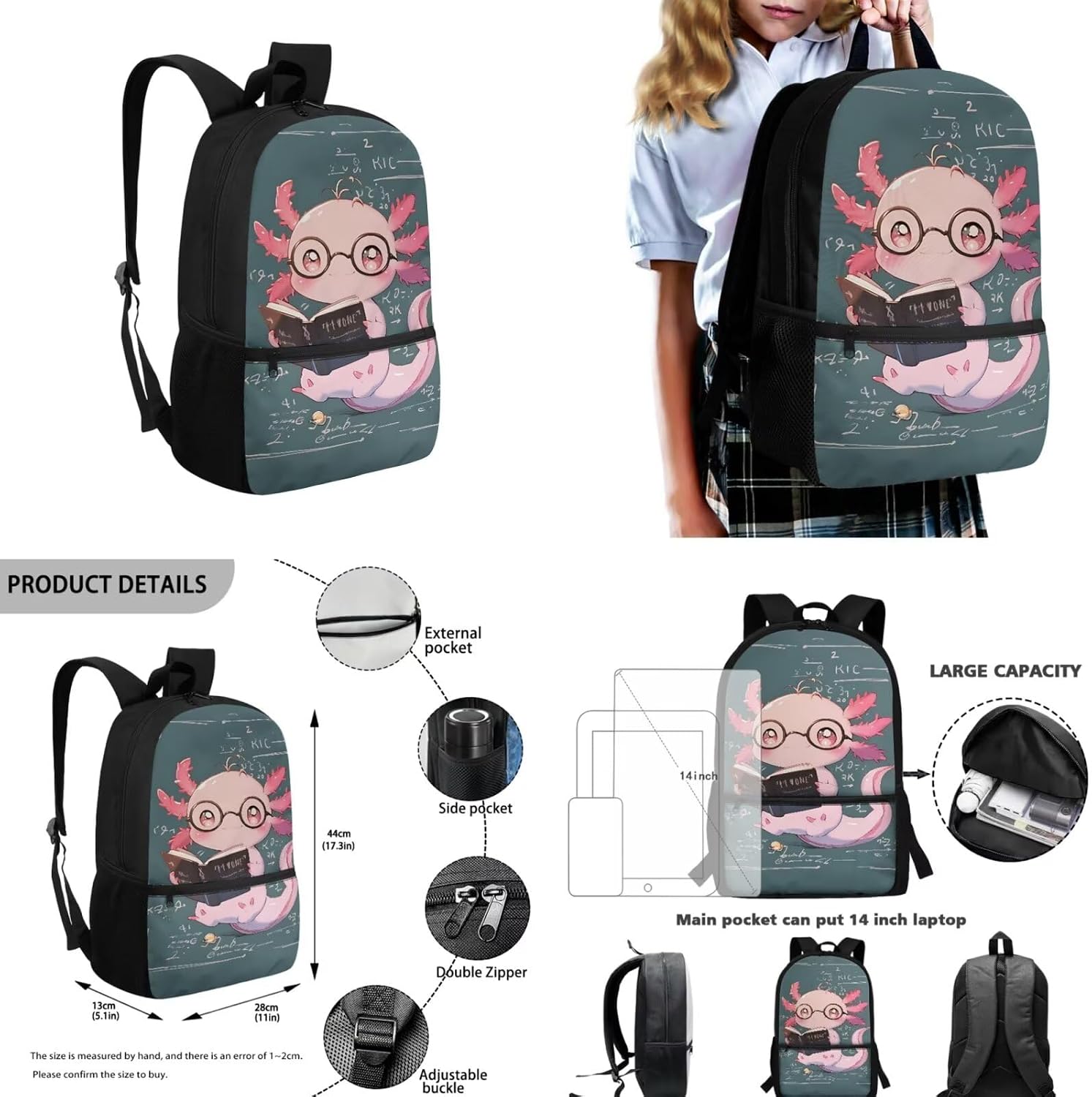 Cartoon Axolotl Kids Backpack with Lunch Box Boys Large Capacity Elementary Schoolbag Set for Girls Primary Middle School Bookbag Cute Back to School Gifts for Students