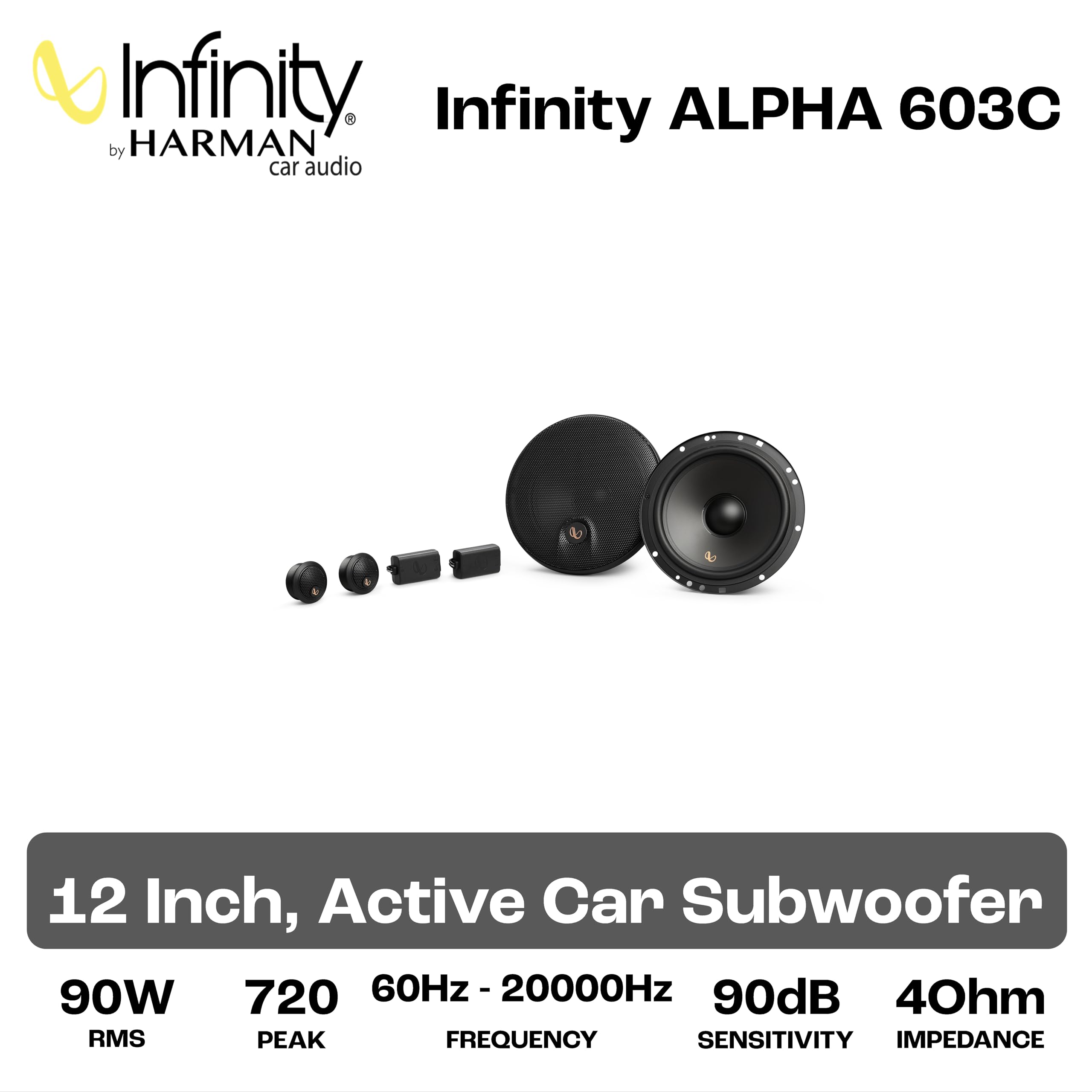 Infinity Alpha 603C Sistema Componenti 2 Vie 165mm 90W RMS con Griglie Woofer Plus One Tweeter Seta Edge-driven per Alti Morbidi e Risposta Estesa Ideale per Impianti Hi-Fi Automotive di Qualità