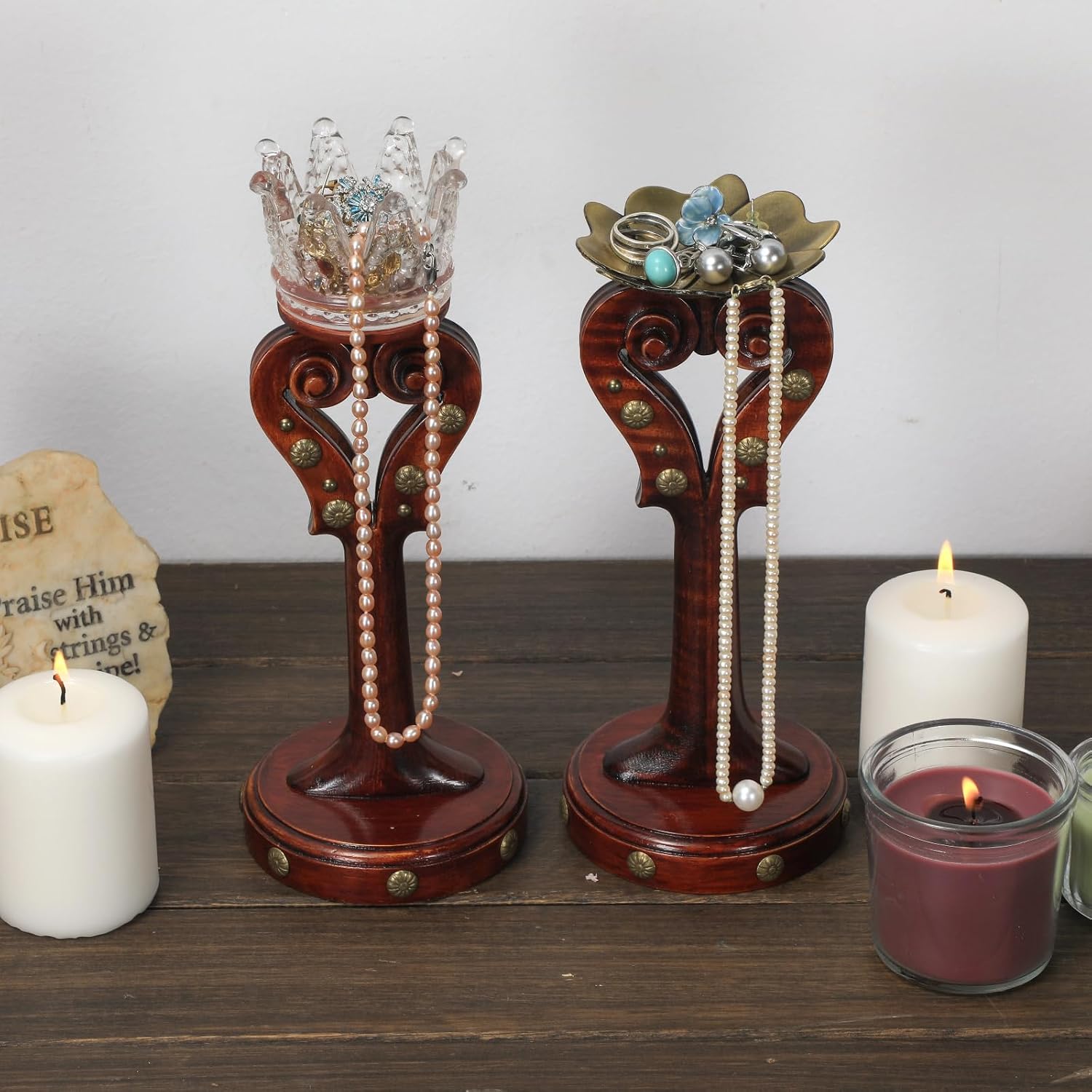 Handcrafted Wooden Violin Candle Holder，Multi-Use Candle Stand, Incense & Jewelry Organizer - Solid Wood Decor, Music Lover Gift, Handmade by Violin Artisans (Bronze Lotus Tray)
