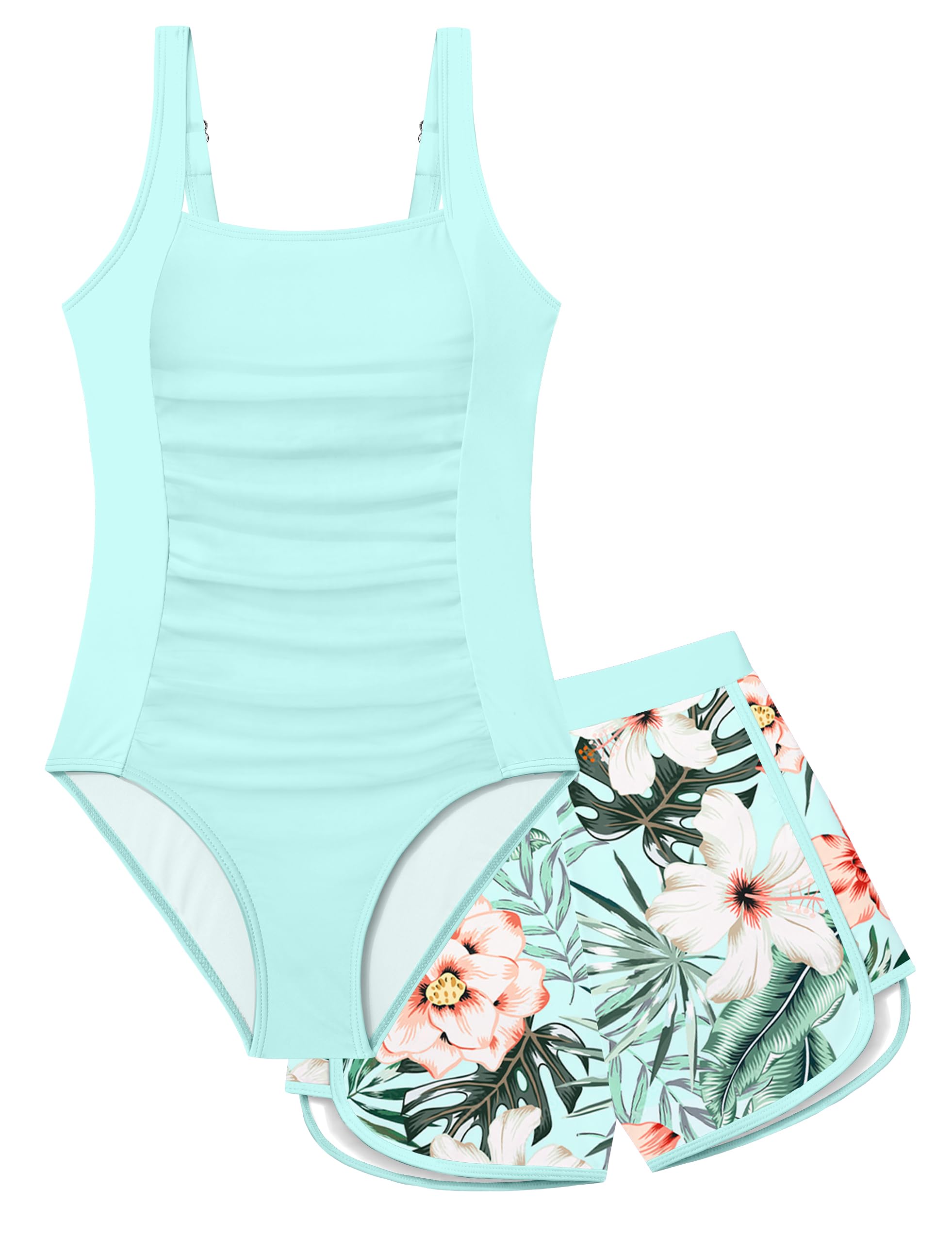 Girls Swimsuit One Piece Swimsuits Color Block Bathing Suit for Girls Adjustable Strap Padded Swimwear with Shorts