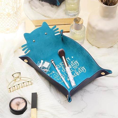 Miniatura 7 de Bandeja de dados de piel sintética con forma de gato azul para rodar, portátil, organizador de escritorio, accesorios DND, regalo único para