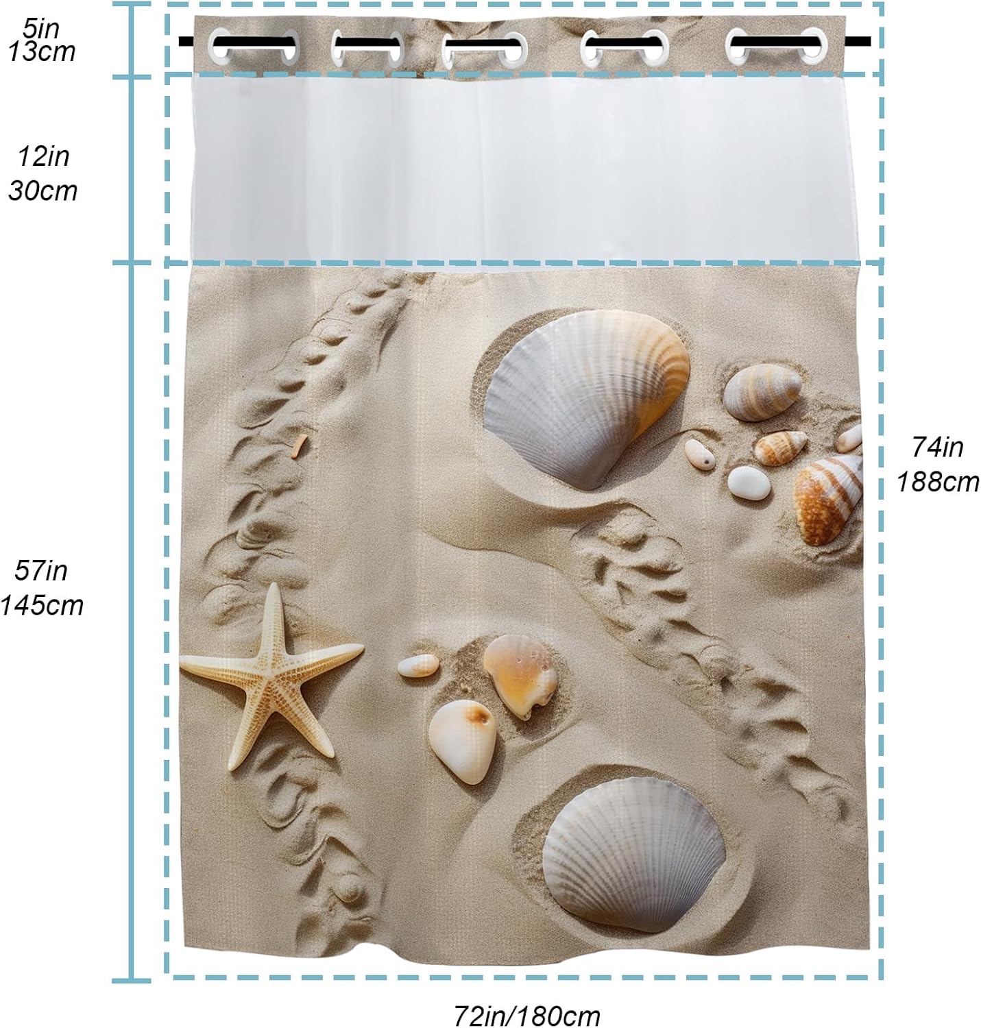 Seashell Beach Shower Curtain for Bathroom, Waterproof Waffle Aesthetic Coastal Shower Curtain with Snap in Fabric Liner Set, Heavy Duty Bath Curtains Hotel Spa Luxury Polyester 72Wx74H No Hook