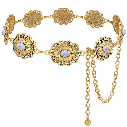 XZQTIVE Women Boho Chain Belts For Dresses Jeans Western Cowgirl Waist Links Belt Adjustable Metal Concho Belt - White Turquoise Gold - Fit Waist up to 35 In