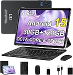 Android 15 Tablet 30GB RAM 128GB ROM 2TB Expand, 10 inch Tablets with Keyboard Mouse, Octa-Core, 8000mAh, HD IPS Display, GPS, 5G WiFi, Widevine L1, 2 in 1 Tablets - Metal Black