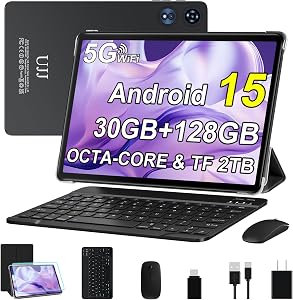 Android 15 Tablet 30GB RAM 128GB ROM 2TB Expand, 10 inch Tablets with Keyboard Mouse, Octa-Core, 8000mAh, HD IPS Display, GPS, 5G WiFi, Widevine L1, 2 in 1 Tablets - Metal Black