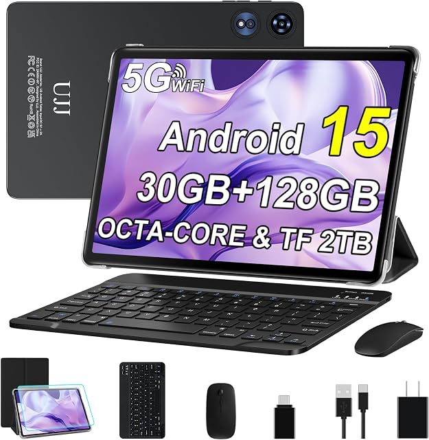 Android 15 Tablet 30GB RAM 128GB ROM 2TB Expand, 10 inch Tablets with Keyboard Mouse, Octa-Core, 8000mAh, HD IPS Display, GPS, 5G WiFi, Widevine L1, 2 in 1 Tablets - Metal Black