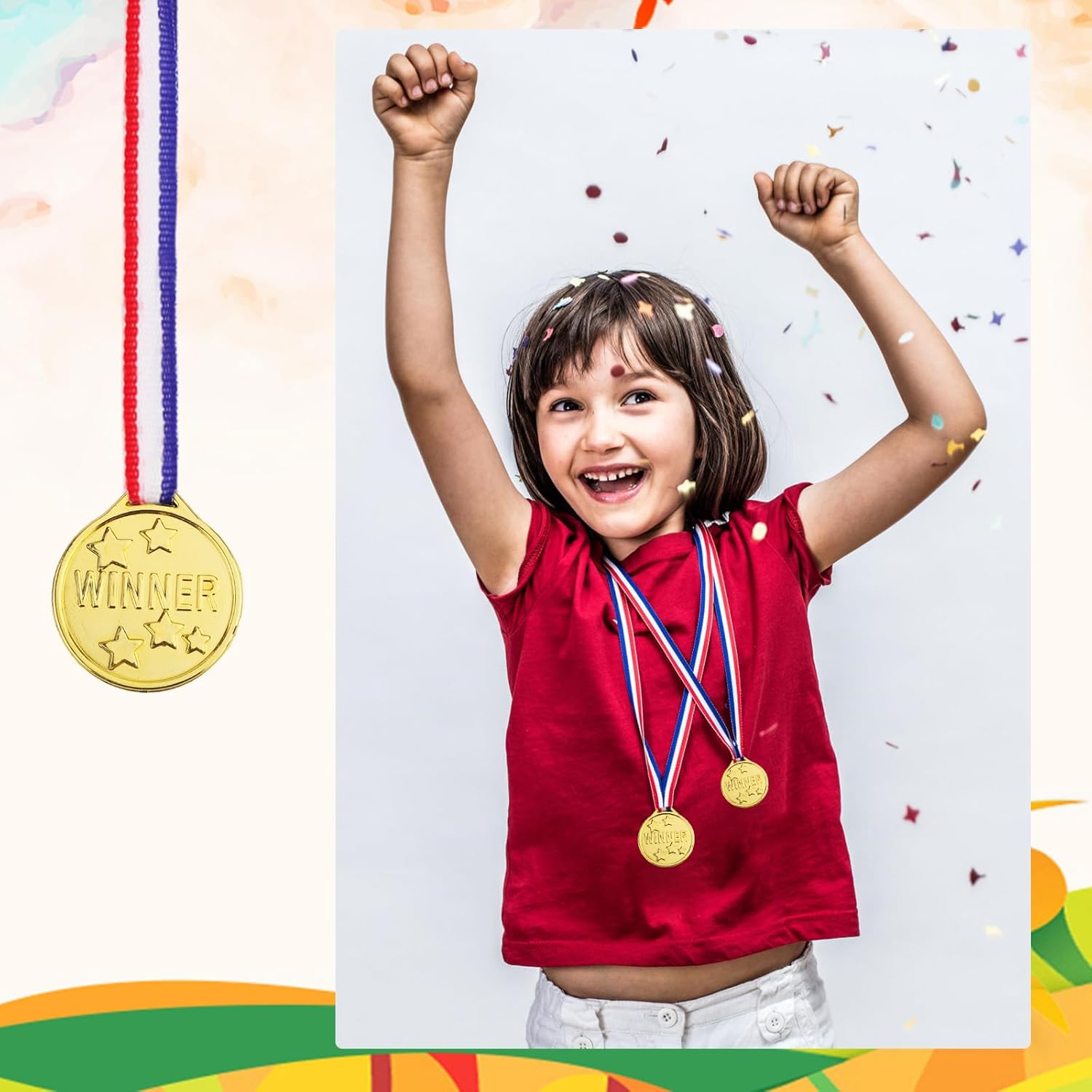 Plastic Award Medals for Kids, 1.46in Gold Medals with Neck Ribbons Achievement Awards for Children's Competitions Sports Events Games Spelling Bees & Parties