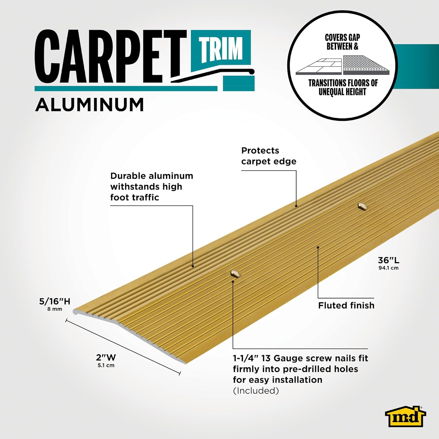 M-D Building Products 79244 2 in. X 36 in. Satin Brass Aluminum Fluted Carpet Trim w/Screw Nails