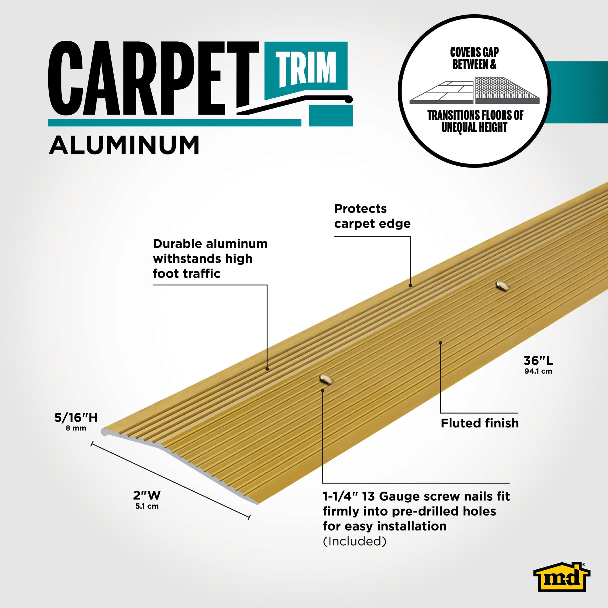 M-D Building Products 79244 Extra Wide Fluted 2-Inch by 36-Inch Carpet Trim, Satin Brass by M-D Building Products