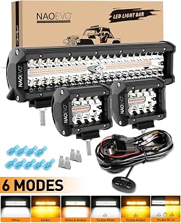 NAOEVO 12Inch 420W LED Light Bar 2PCS 4Inch 120W Light Pods Amber White Strobe Off Road Lighting 6 Modes Memory Reset Function Fog Work Light with Wiring Harness Kit-3 Lead for Truck Boat Jeep Tractor