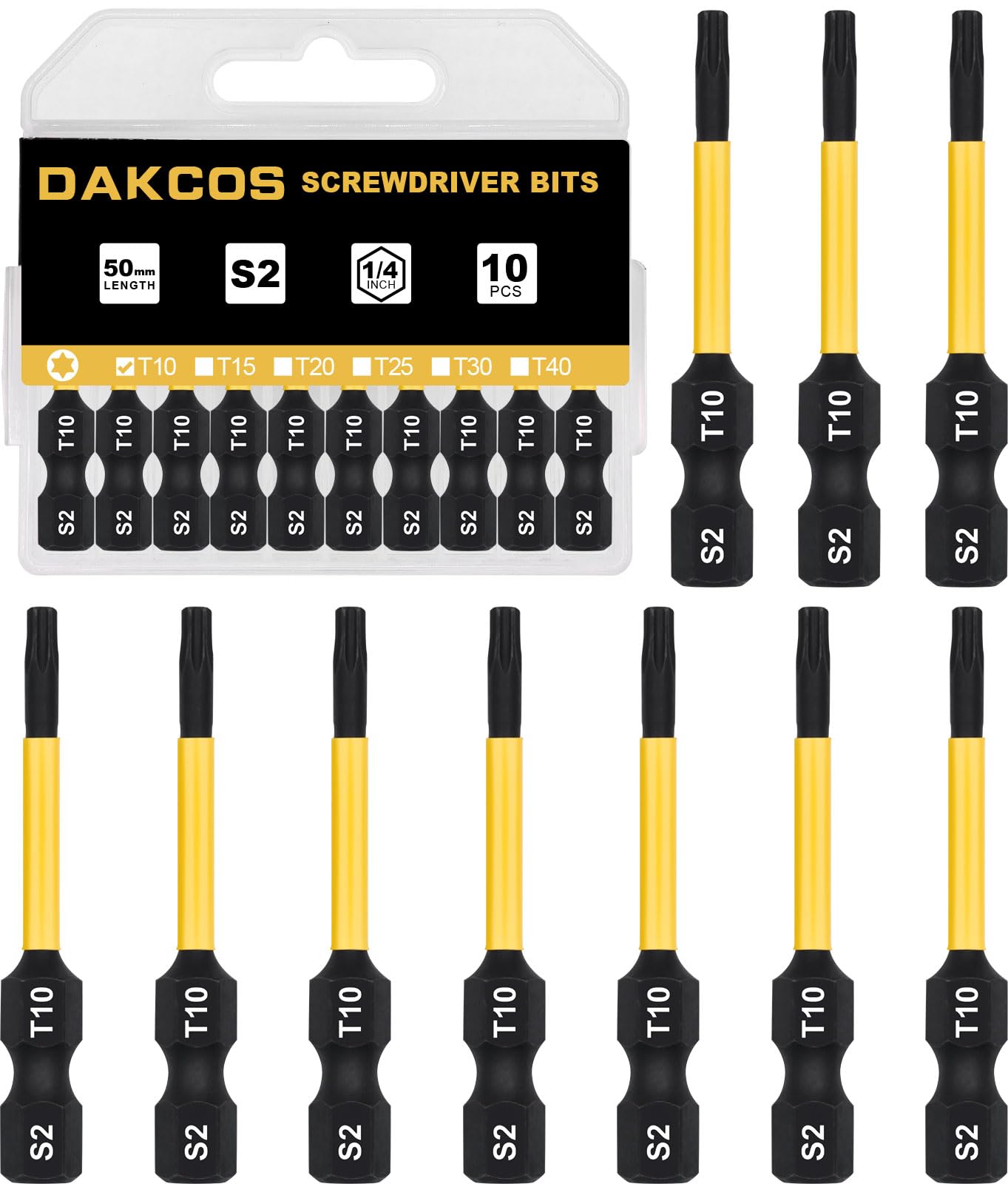Dakcos T10 Torx Bit, Impact Driver Bits, 1/4" Screwdriver Bit Sets, 10Pcs Premium S2 Alloy Steel Bits, 50Mm Long