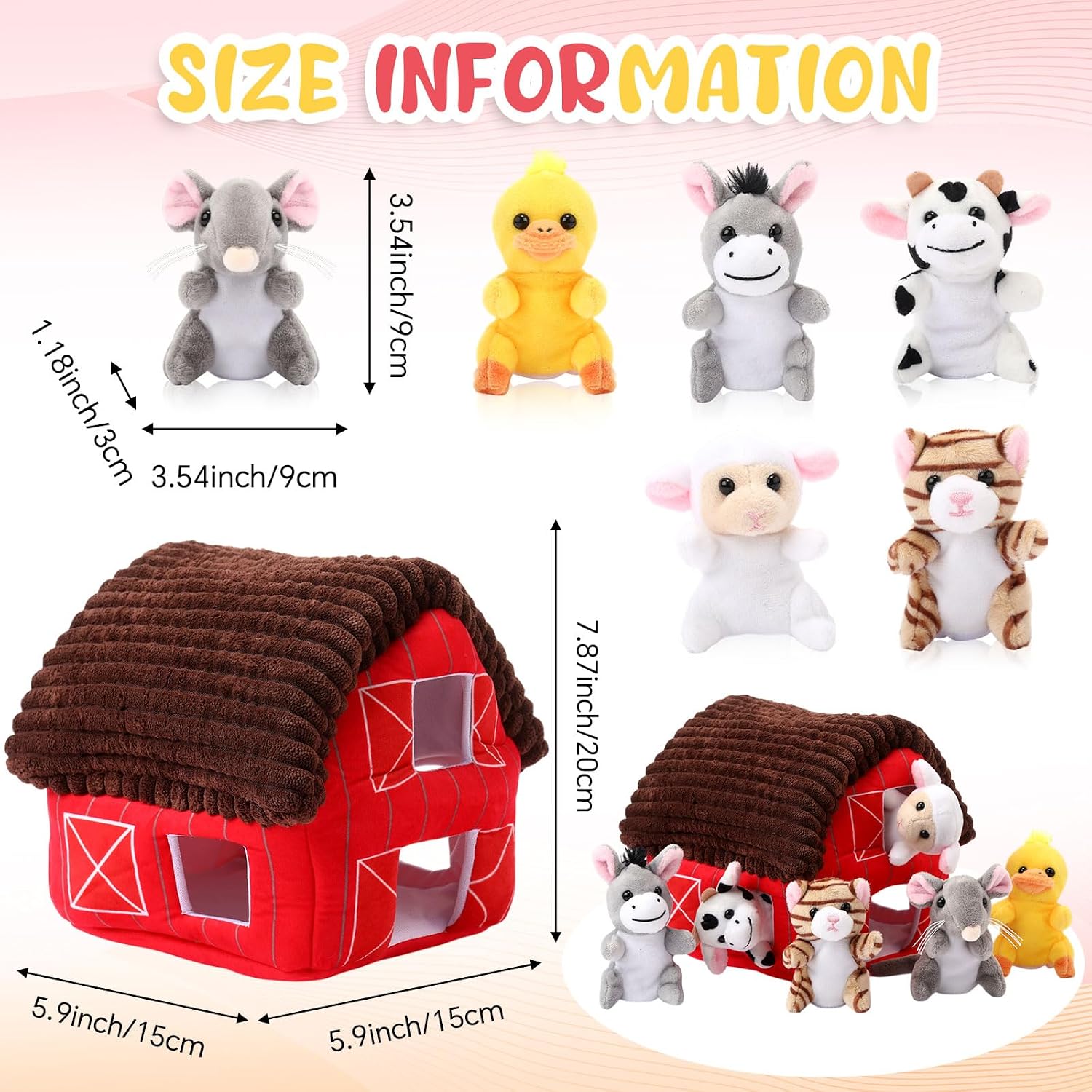 Skylety 7 Pcs Farm Animal Finger Puppets with Barn House Set End of Year Gift for Toddlers Soft Plush Finger Puppet Toys for Kids Boys Girls Preschool Graduation Story Playtime Role Playing Learning