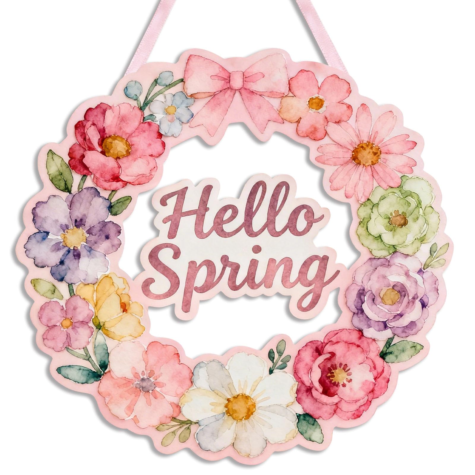 Wooden Spring Wreath with Hollow Floral Design - 12 Inch Easter Welcome Sign for Front Door, Indoor Outdoor Wall Decor Home Garden Party