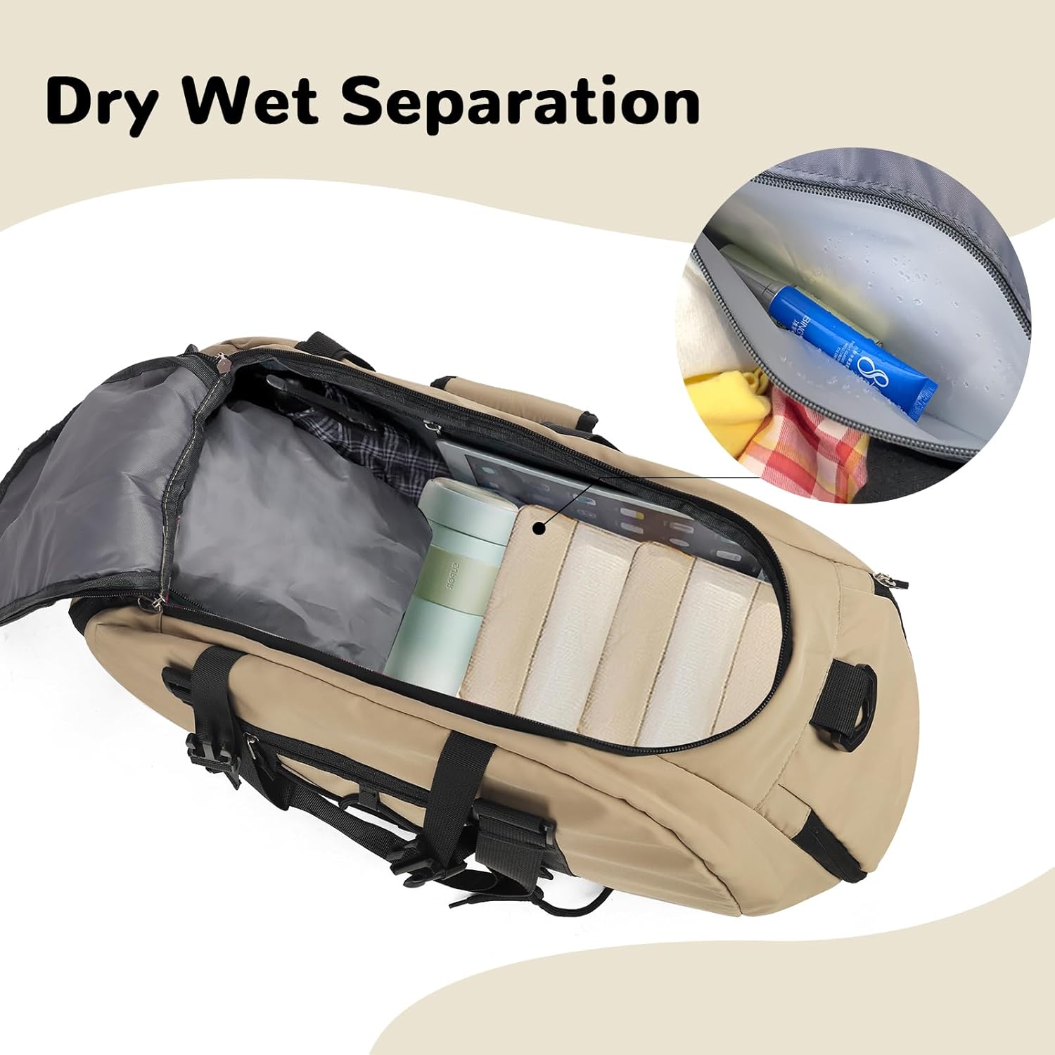 30L Gym Bag Backpack for Men Women, Convertible Sports Duffel Bag Backpack with Ball Storage & Shoe Compartment for Basketball Volleyball Soccer, Weekender Bags with Wet Pocket, Khaki