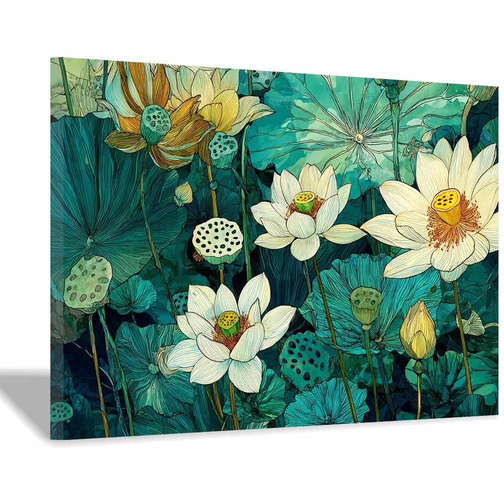 Hoqiu Multicolor Flower Wall Art Canvas Green Lotuses Painting Artwork, Wall Decoration Living Room Bedroom Hallway Stairs Decoration.(Multicolor)-60X80cm Framed
