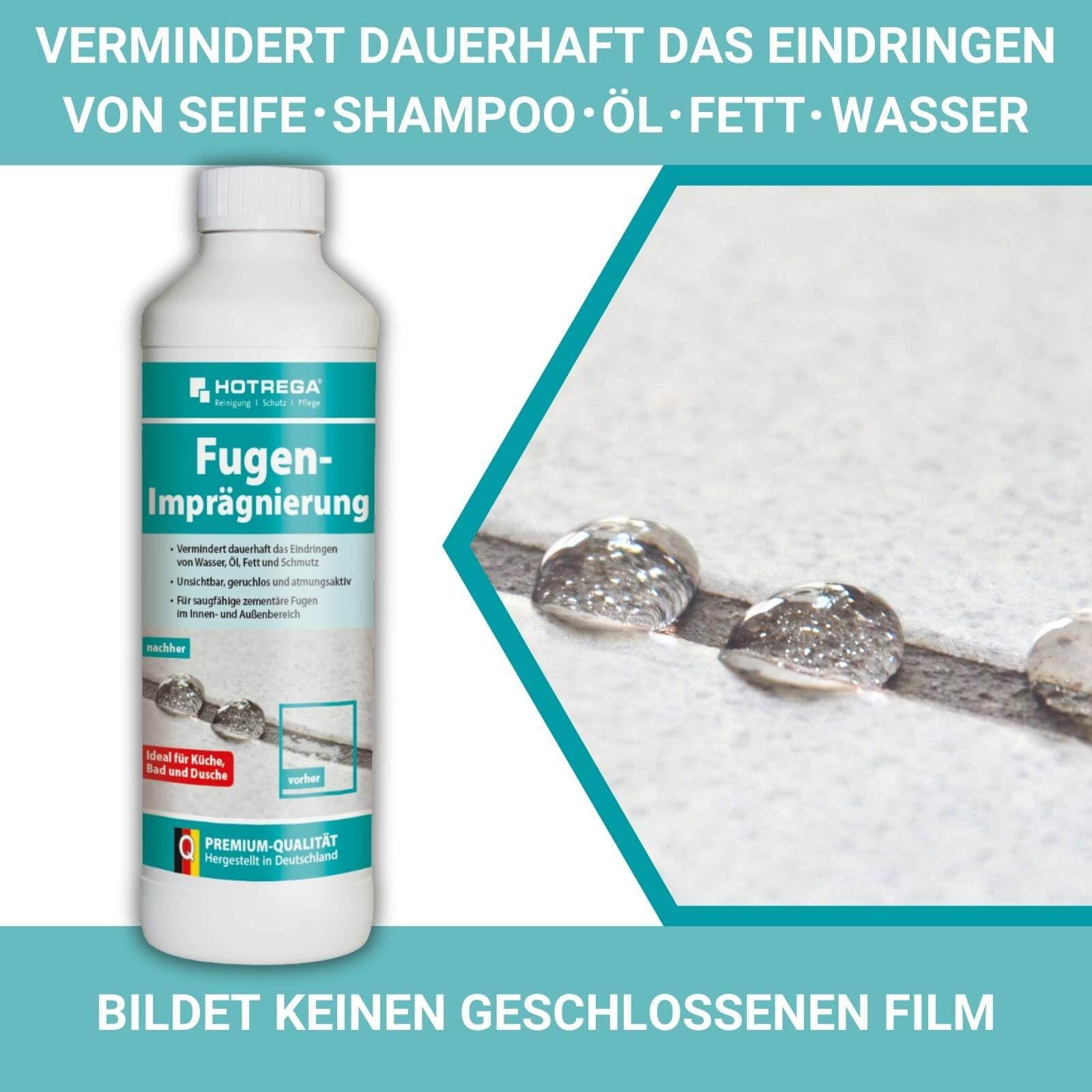 HOTREGA Fugenreiniger 500ml + Fugenimprägnierung 1L | Set für zementäre | Tiefenreinigung & Schutz | Unsichtbare Versiegelung gegen Kalk, Fett, Nässe | Ideal für Bad, Dusche, Küche | Lösemittelfrei
