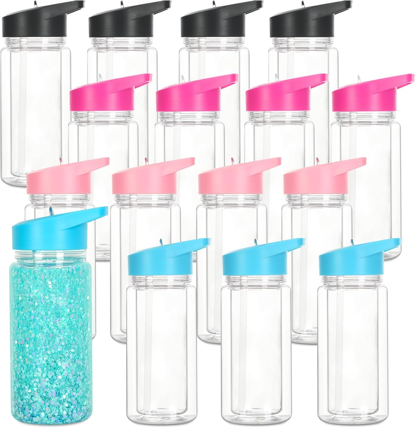 16 Pack 10 Oz Plastic Snow Globe Tumbler for Kids with Pre-Drilled Hole and Plug, Leak Proof Double Wall Snow Globe Sports Water Bottle with Portable Handle for Glitter DIY Gift, Mixed Color