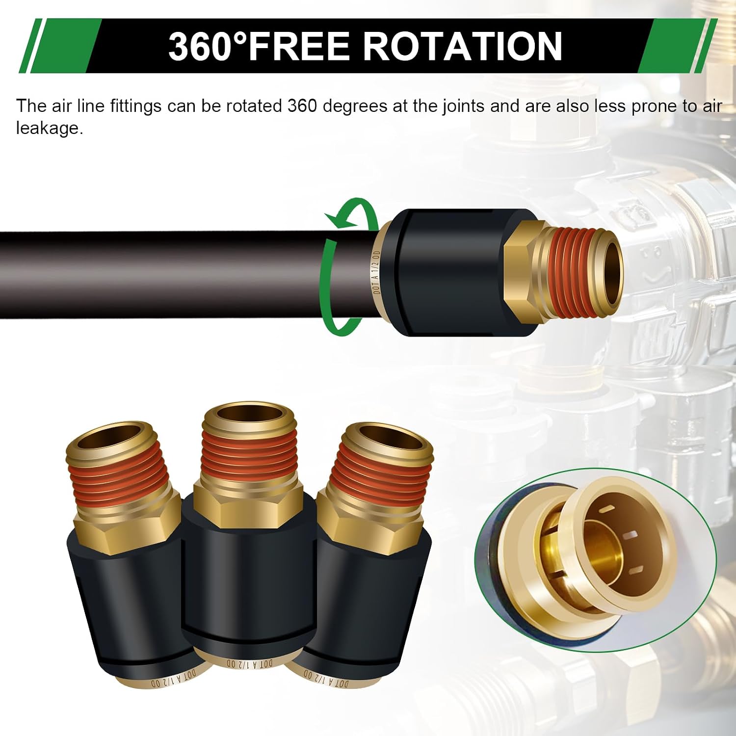 1/2" DOT Air Line Fittings Straight Union 5 PCS, 1/2" Tube OD x 3/8" NPT Thread PTC/PTCR & Brass Air Brake Push-To-Connect Fittings for Truck Trailers and Air Brake System
