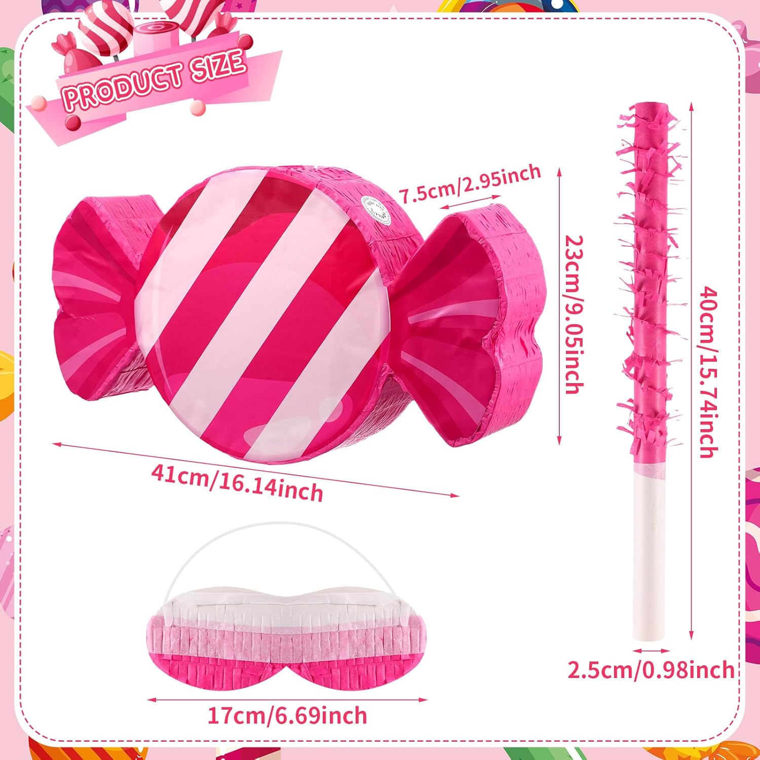 Aoriher Candy Party Pink Decoration Piñata with Stick Blindfold Sweet Lollipop Birthday Piñata for Peppermint Theme Birthday Party Supplies Decoration(Peppermint)