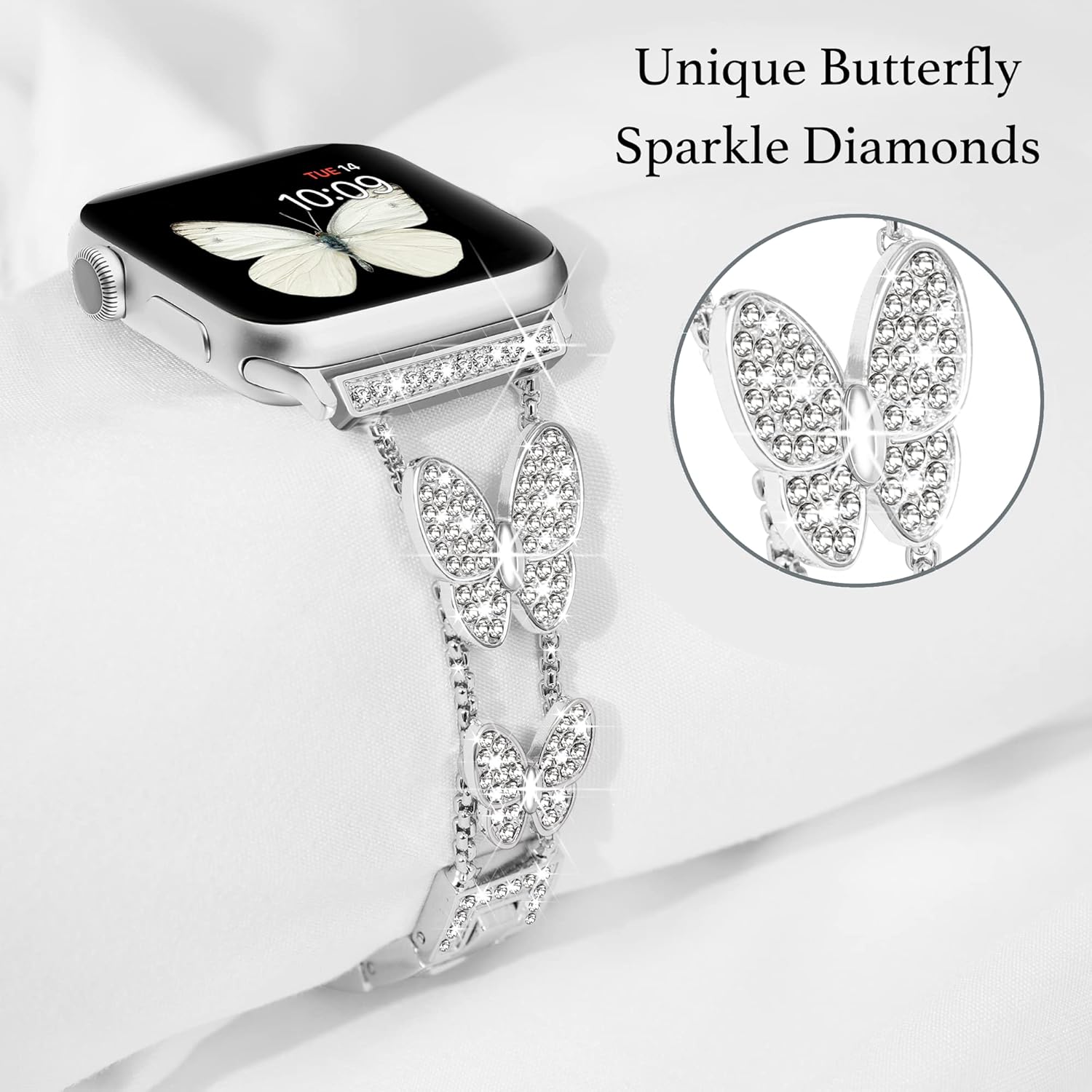 Butterfly Band Compatible with Apple Watch Band 40mm 41mm 42mm(S11/10) 38mm iWatch SE Series 11 10 9 8 7 6 5 4 3 Bands, Slim Cute Metal Bands for Women, Fancy Bling Dressy Diamond Strap-Silver - Image 2