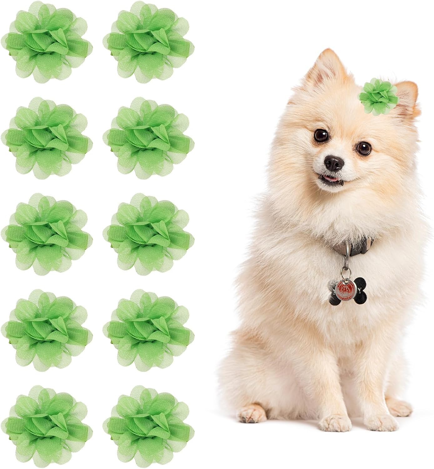 Flower Dog Hair Bows, Pet Flower Cute Hair Collar with Clips Soft Chiffon Cat Tie Floral Grooming Accessories, (Light Green, 10Pcs), Intended for Small Puppies Cat Party Birthday