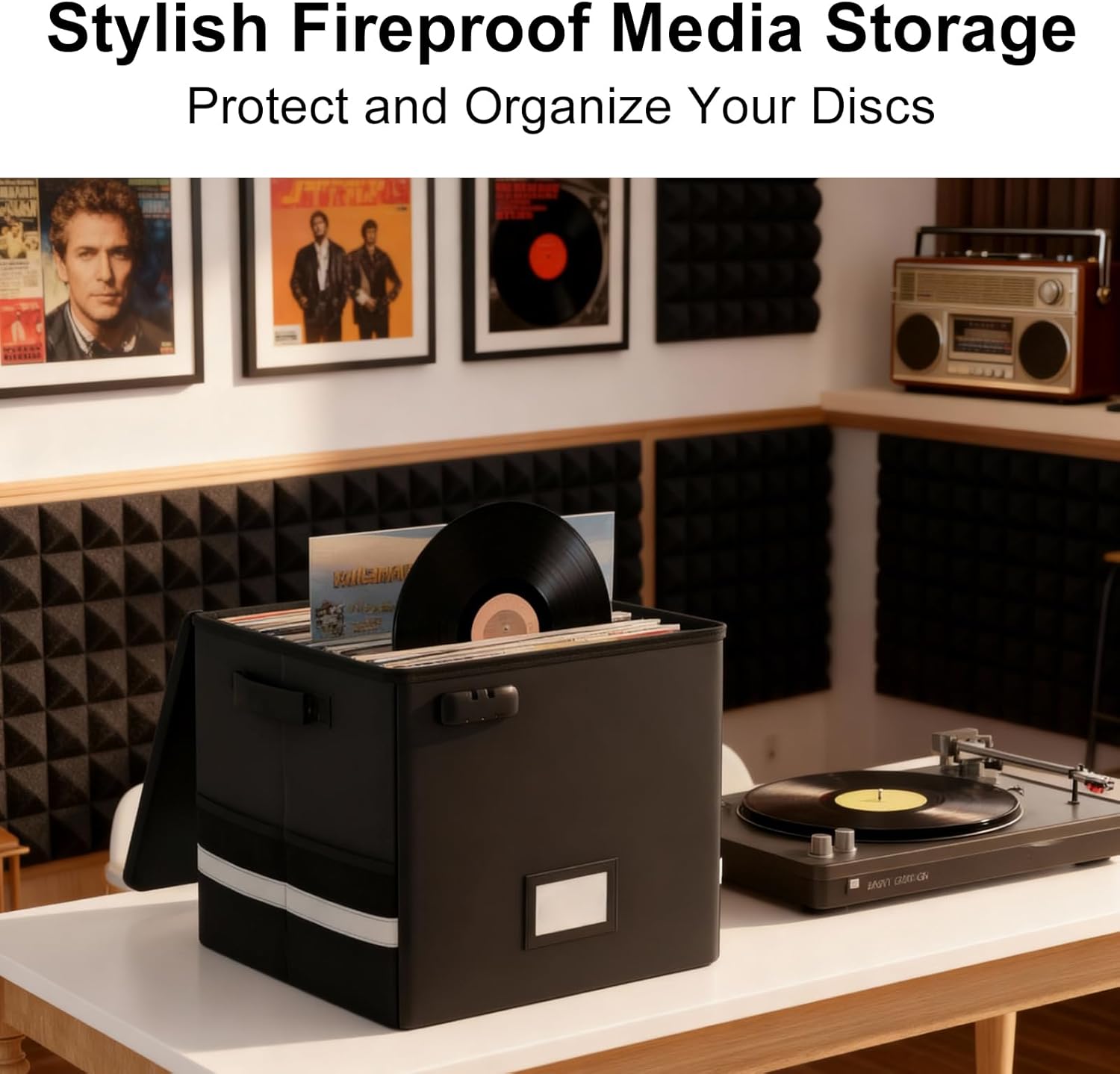 Vinyl Record Storage Box with Lock, Fireproof & Water-Resistant Record Organizer for 100+ 12-inch Vinyl Albums, Collapsible Crate with Lid & Handles, 13"x13"x13" Record Case