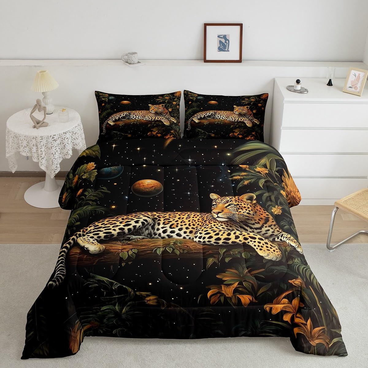 Manfei African Cheetah Kids Comforter Sets Queen Size,Tropical Jungle Leopard Bedding Comforter Sets,Wild Leaves Plants Quilt Sets for Boys Adult,Universe Galaxy Sky Duvet Insert with 2 Pillowcases