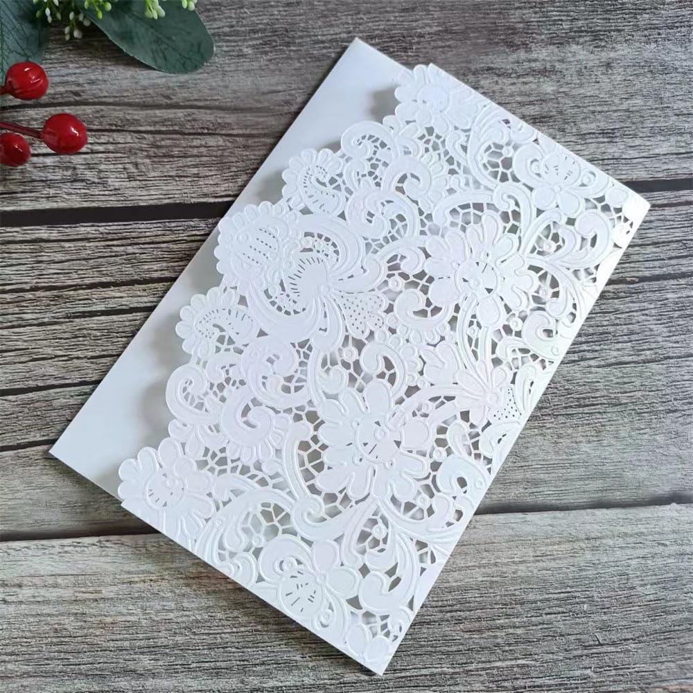 MillaSaw Elegant Wedding Invites, Floral Engraved Invitation Sleeve for Gothic Wedding, Bridal Shower, Engagement, Quinceañera & Party Supplies (white)