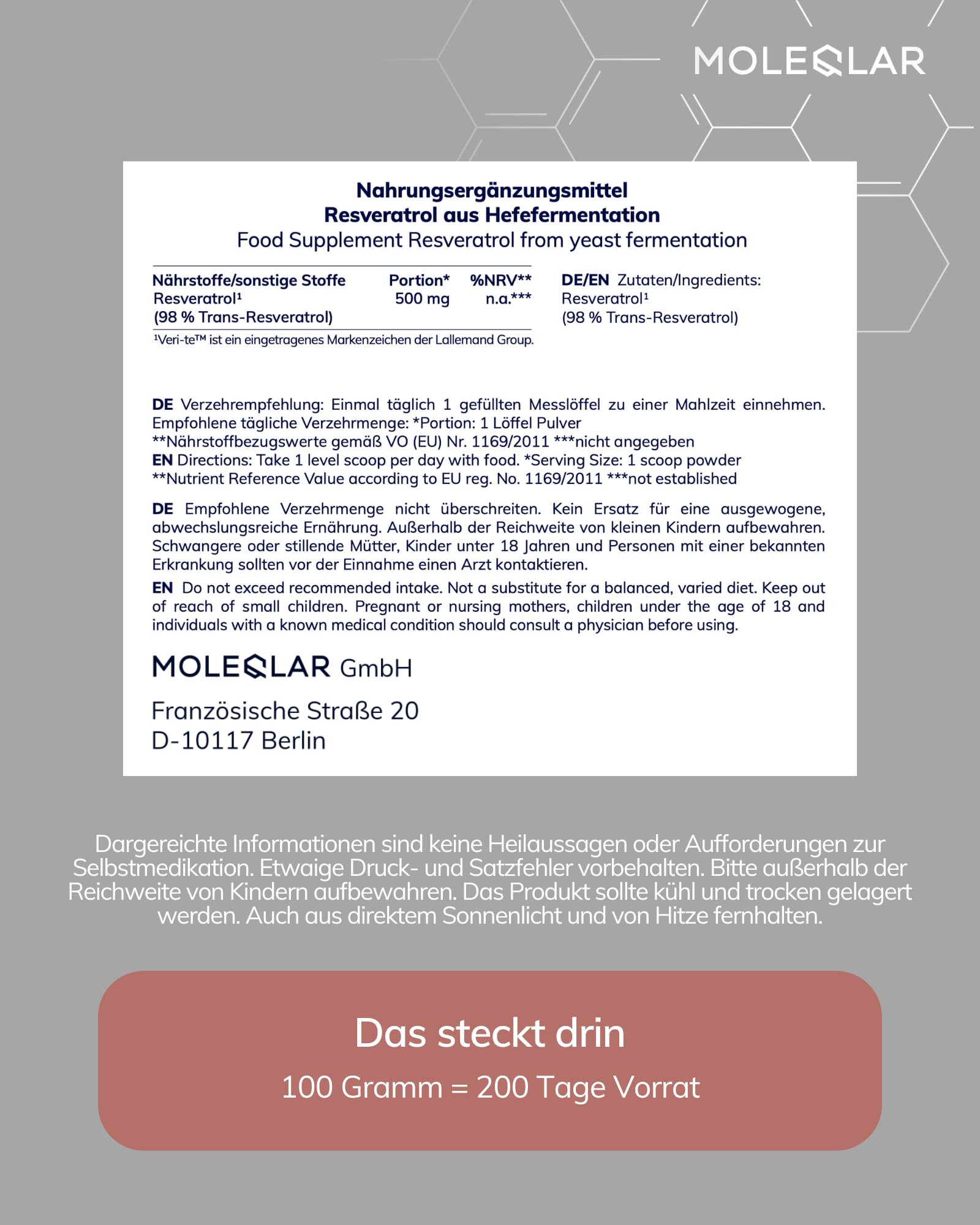MoleQlar Resveratrolo in polvere – Integratore alimentare di fermentazione innovativa del lievito – Resveratrolo 500 mg per porzione – oltre il 98% di purezza (100 g)