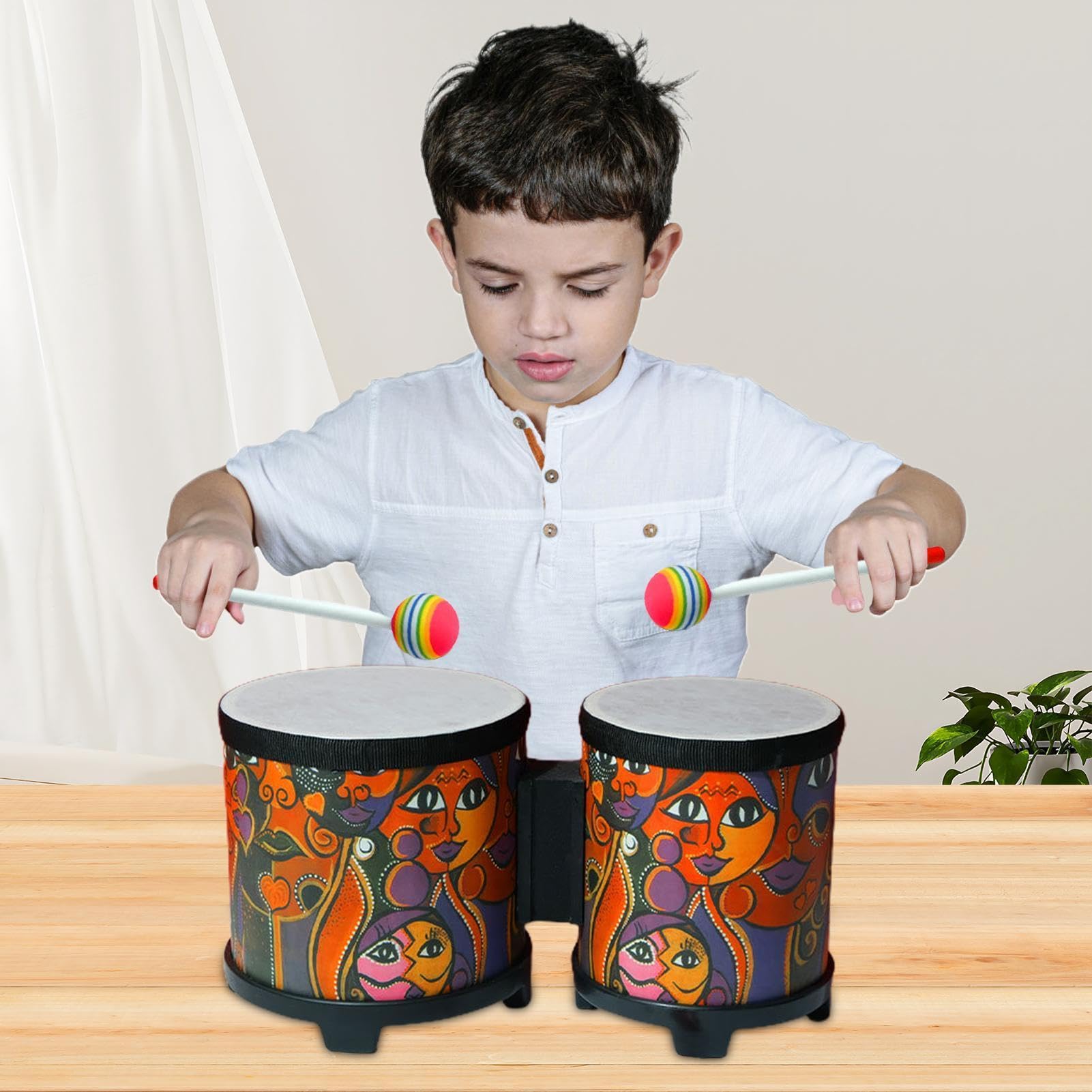 Bongo Drums Adulti, Bongo Tamburo | Strumento a percussione per bambini | tamburo musicale | Set di batteria per bambini, strumenti musicali in legno fatti a mano con 2 bacchette colorate, regalo di