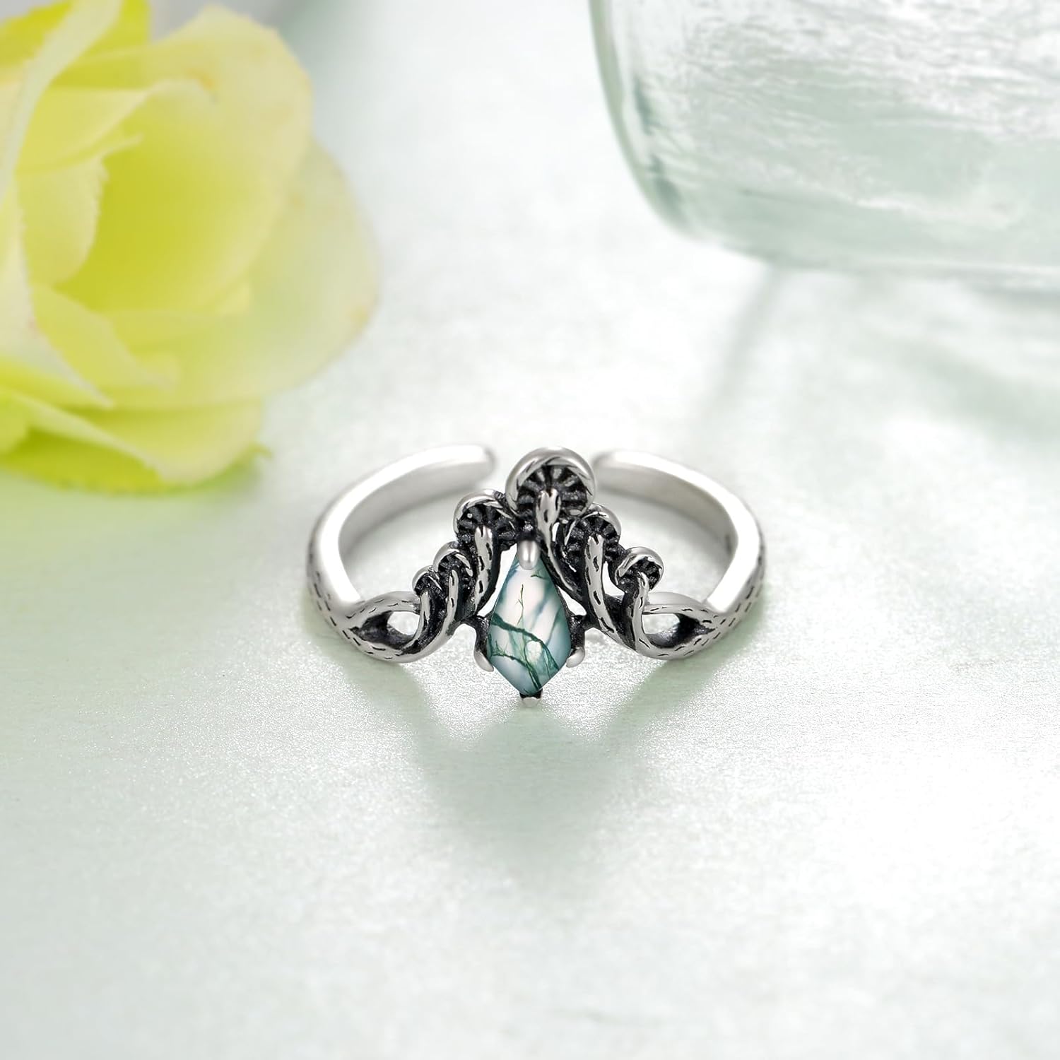 Mushroom Open Ring 925 Sterling Silver Mushroom Moss Agate Ring Mushroom Jewelry Gifts for Women - Image 3