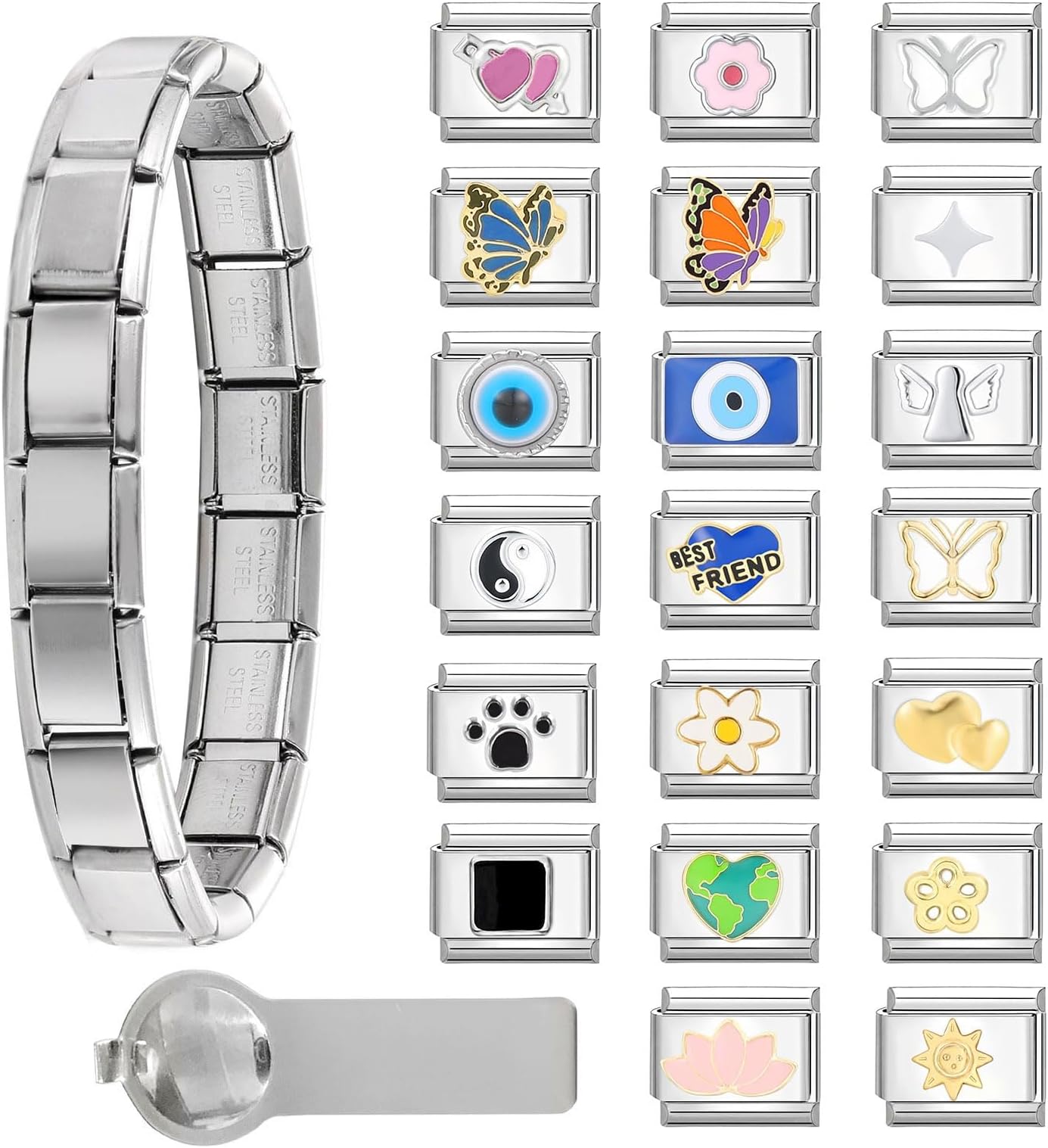 Italian Charm Bracelet Set Starter Brasslet Assorted Charms Opening Tool 9mm Modular Charm Bracelet Link Handmade DIY Jewelry Gift