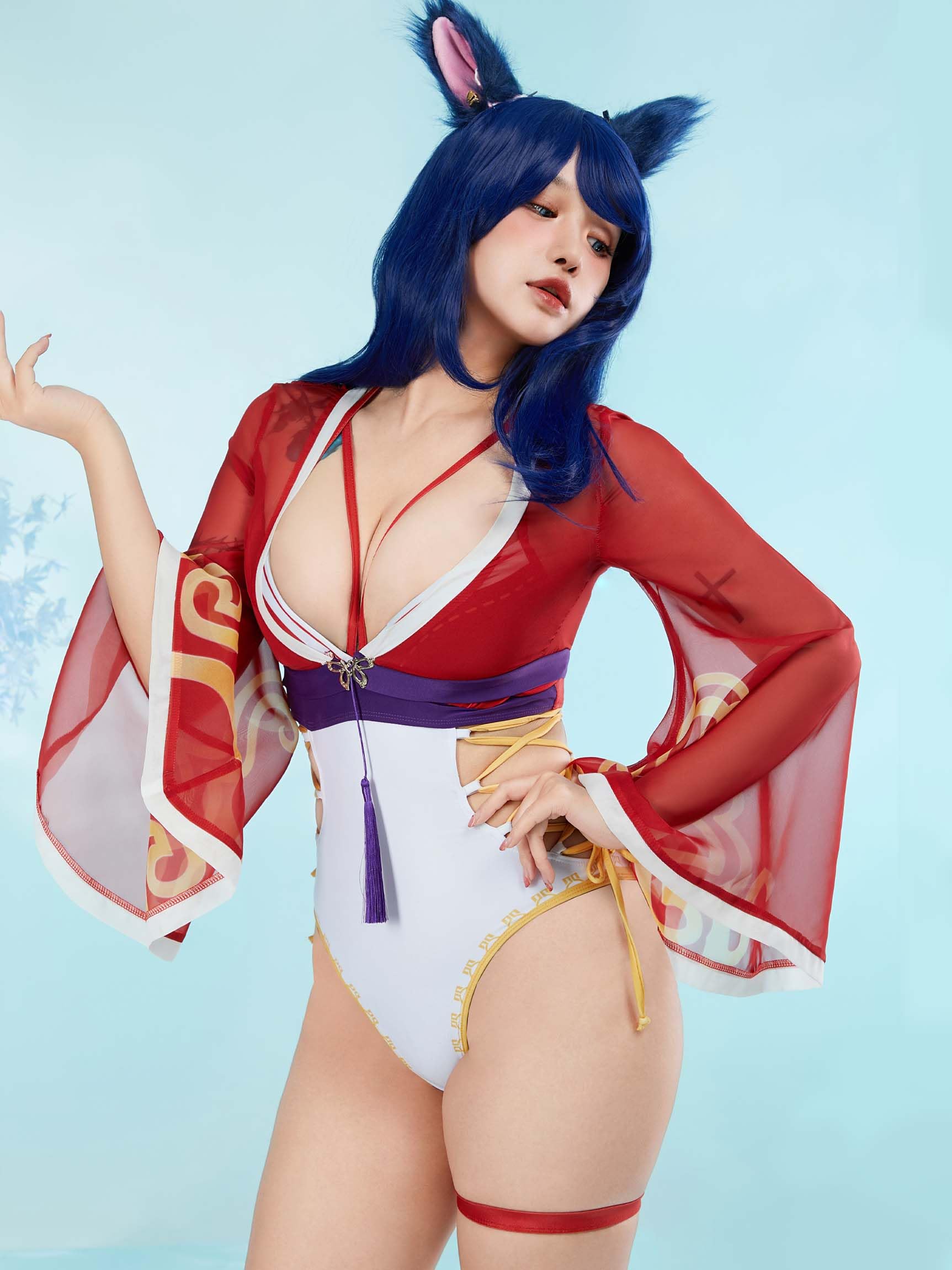 haikyuu Costume intero da donna con spalline incrociate, costume da bagno per cosplay, con copertura in chiffon e orecchie, Rosso, Small