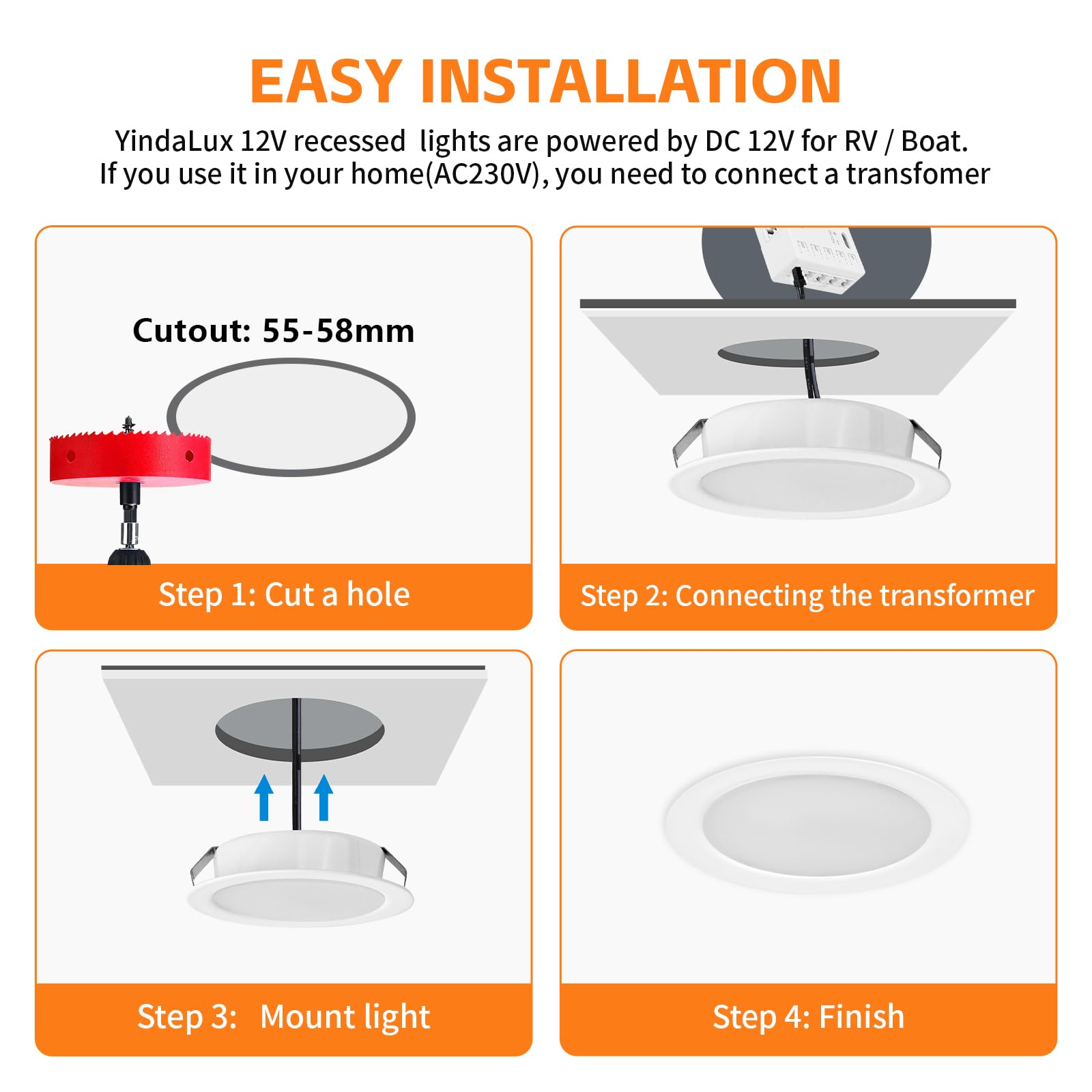 YindaLux 6x Focos LED Interior Techo 12V, 3000K Blanco cálido Regulable Downlight LED Techo Empotrable, 3W Ojos de buey LED para techo, Agujero 55-58mm Aluminio Foco led Blanc
