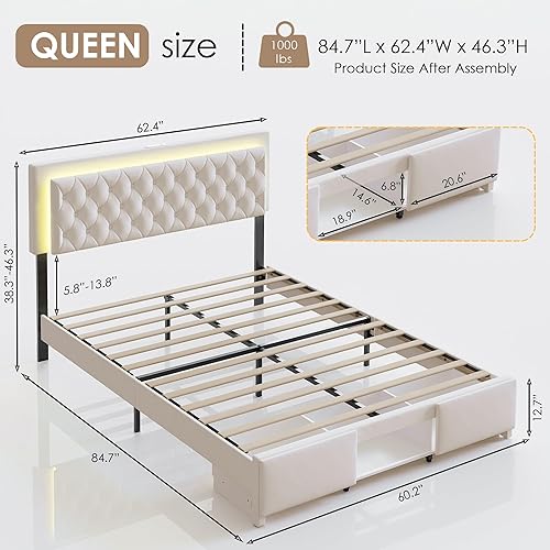 Miniatura 2 de Base de cama tamaño Queen, marco de cama LED Queen con cabecero y armarios de almacenamiento, marco de cama tapizado de terciopelo Queen con Blanco