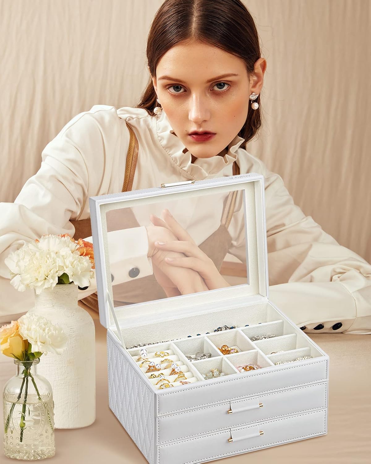 Jewelry Box, Jewelry Organizer Box 3-Layer with 2 Drawers, Jewelry Boxes for Women, Ring Earring Watch Bracelet and Necklace Organizer, Best Gift for Valentine's Day, White
