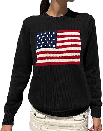 Women American Flag Sweater Vintage Print Long Sleeve Crew Neck Knit Pullovers Loose Fit Side Slit Casual Jumper Top