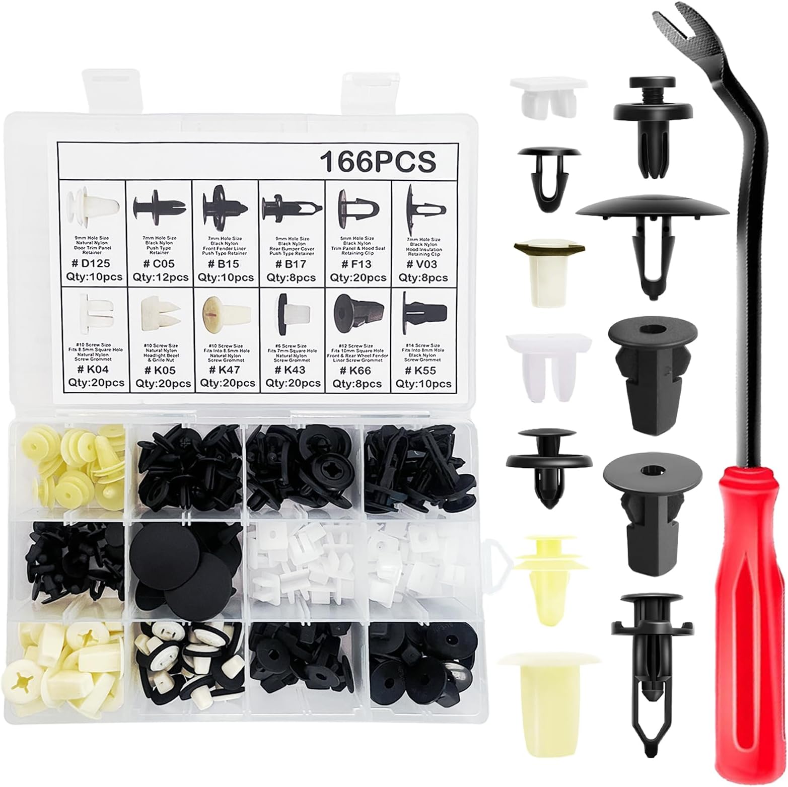 Car Retainer Clips &Screw Grommets 12 Most Popular Sizes & Fastener Remover Applications for GM Toyota Honda Nissan Mazda (166PCS)
