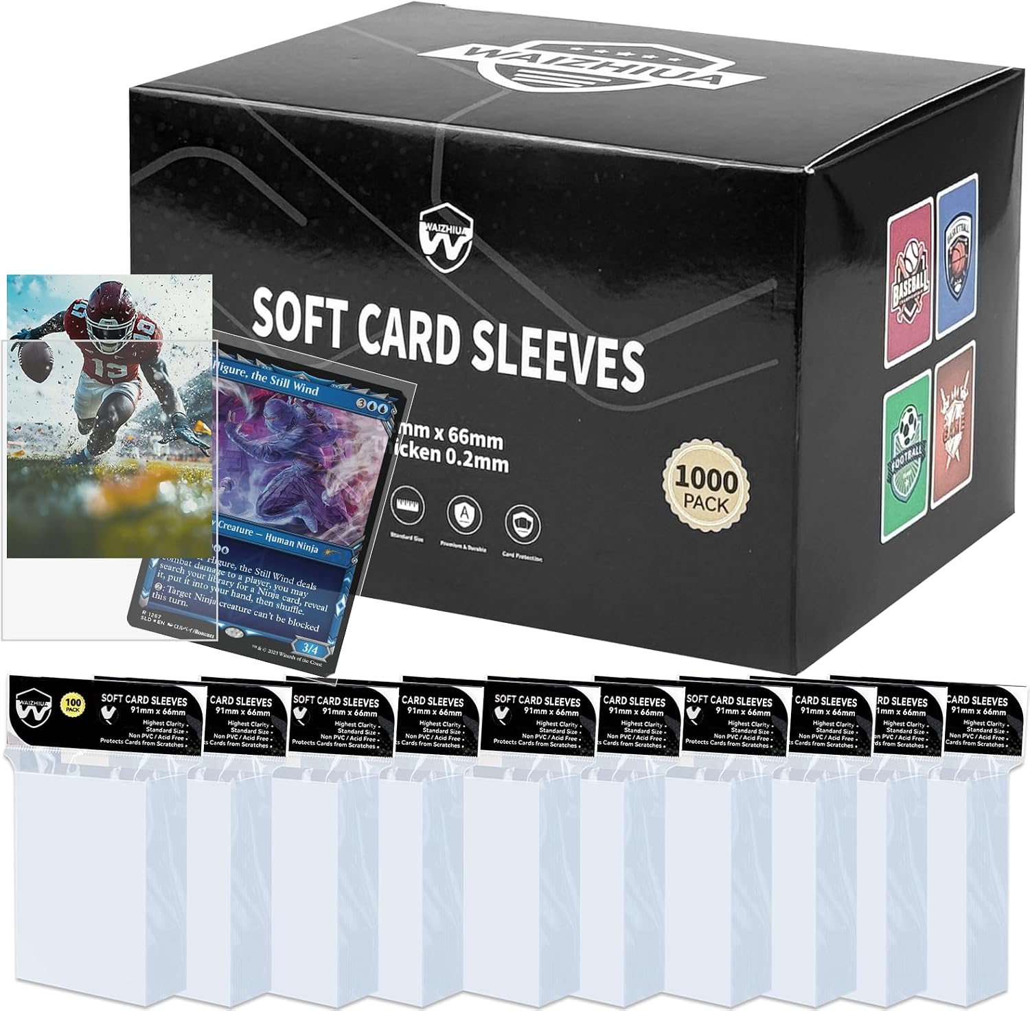 Pack of 1000 Trading Card Sleeves - 66 x 91 mm Standard Size Card Sleeves Soft Trading Card Sleeves Suitable for Sports Game MTG and Football Cards