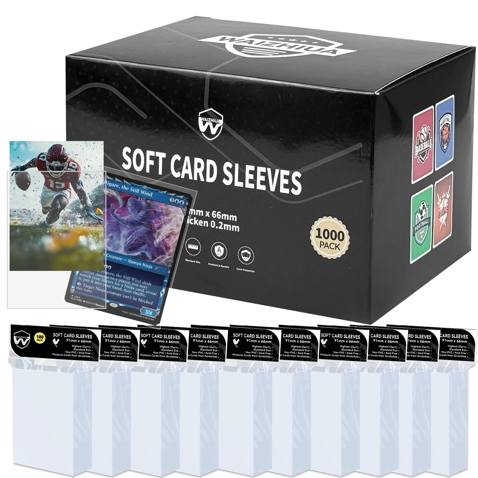 WAIZHIUA 1000 Pieces Pro Trading Card Sleeves - 66x91mm Standard Top Loaders, Clear Penny Sleeves Fit for Sports, Game, MTG, Football Cards