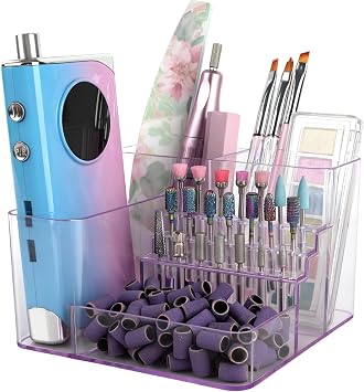 Nail Drill Holder, 21 Holes Nail Drill Machine & Bits Storage Box, Acrylic Nail Drill Bit Holder Professional Nail Tools Organizer, Nail Desk Organizer for Nail Tech Purple