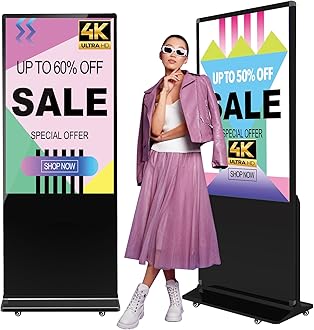 55-inch Indoor Floor Standing Digital Signage Display, 4K 2160P LCD Screen Android OS Kiosk Stand with 2 Speakers, Auto Media Display Advertising Player Supports Remote Control