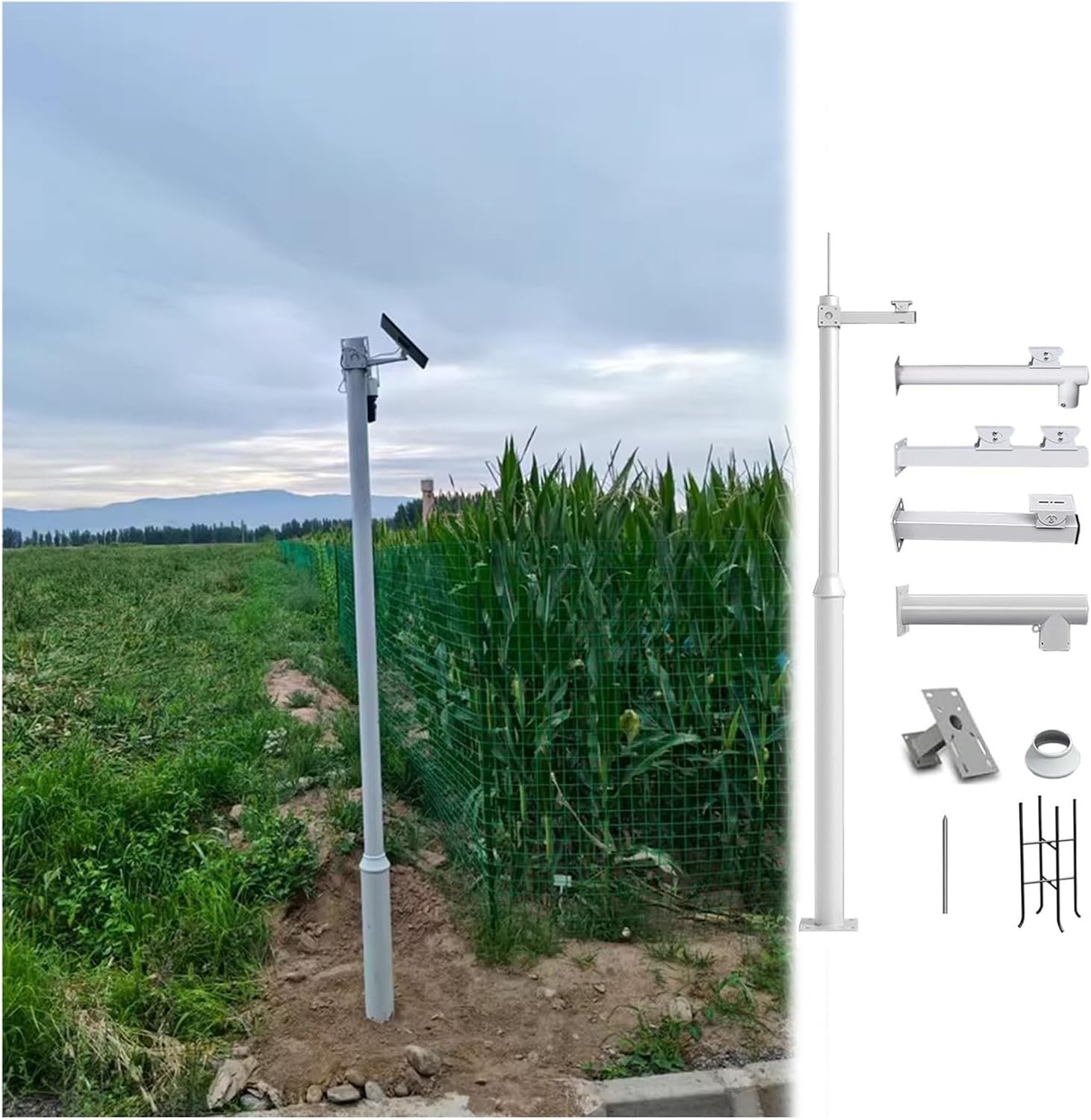 Heavy Duty Segmented Security Camera Post - 11.4ft Metal Surveillance Pole with Foldable Ground Cages & Outdoor Screws for Enhanced Monitoring Stability