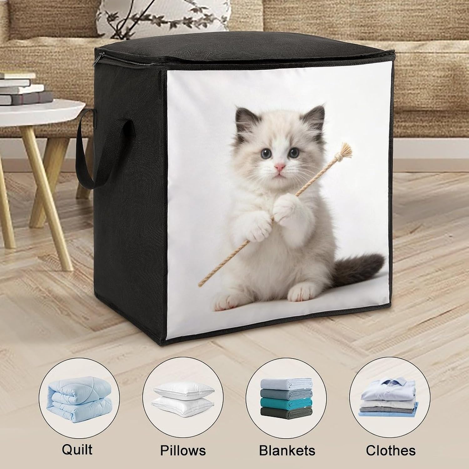 Funny Cat Storage Bags Moving Bags Storage Bins | Comforter Storage Bag Reinforced Handles & Zippers Foldable Closet Organizers and Storage for Blanket Pillow Clothes