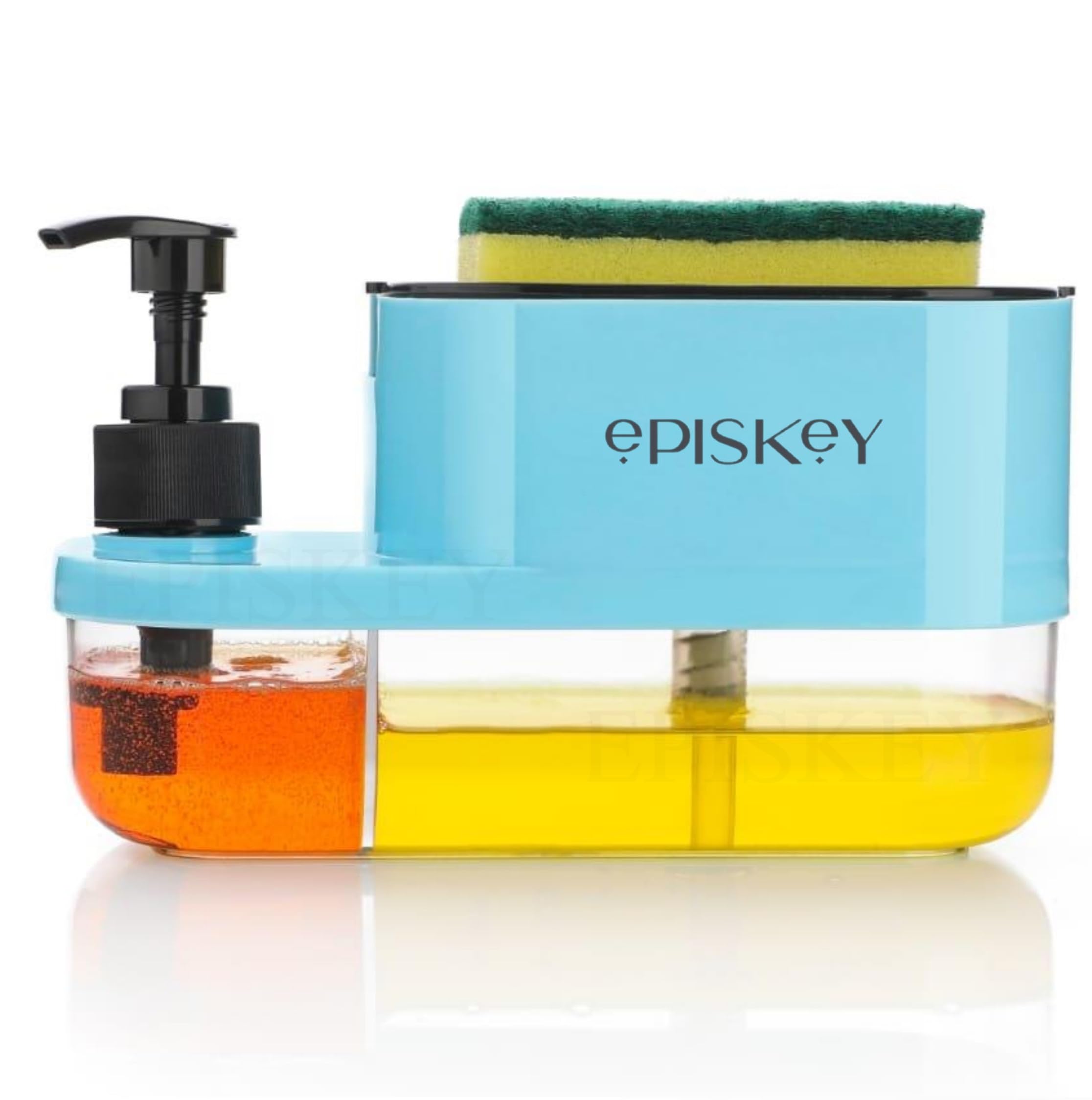 EPISKEY 3 in 1 Soap Pump Dispenser Dish Soap Liquid Dispenser Sponge Holder Dish Soap Pump Dispenser for Kitchen Sink Countertop Kitchen Bathroom (Blue_BOT)