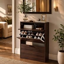 VINGLI Shoe Cabinet Storage for Entryway,Walnut Narrow Wood Shoe Rack,25" W