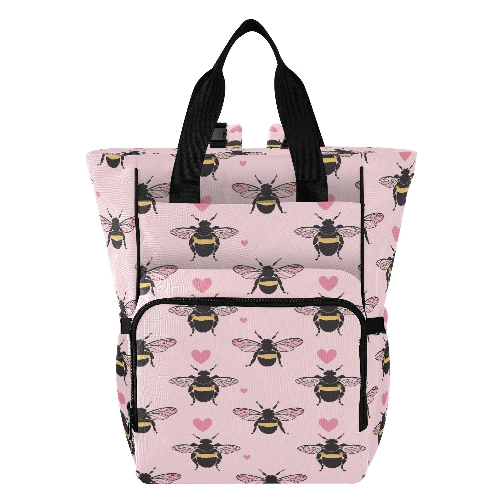 Mnsruu Bee Love - Borsa per pannolini per bambini, con sfondo rosa, grande, impermeabile, da viaggio, per mamme e papà