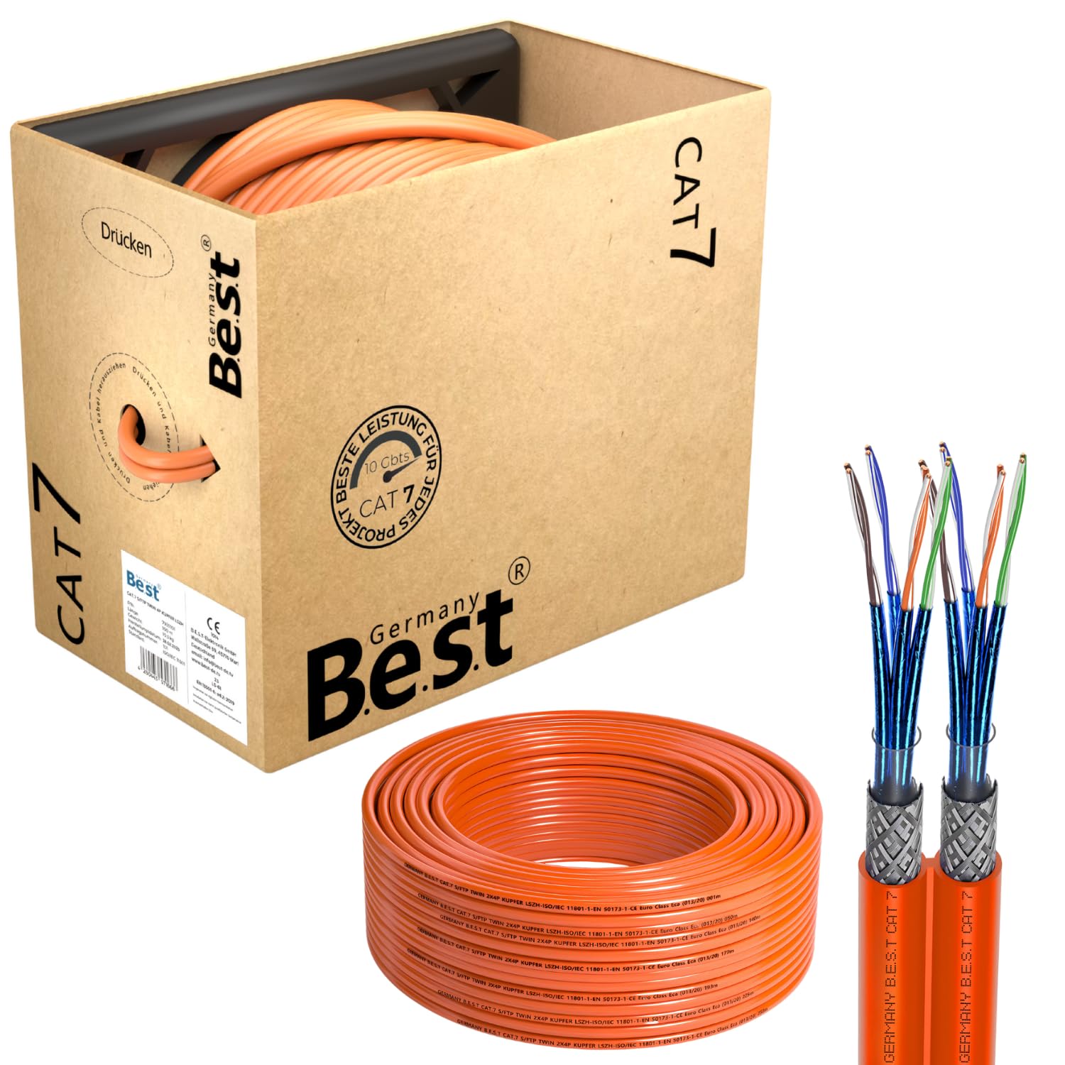 Germany B.e.s.t Cavo di rete duplex CAT 7, 100 m, in rame, LAN, cavo Ethernet, S/FTP, 10 Gbps, catat 7, in puro rame, cavo dati PoE+ LSZH